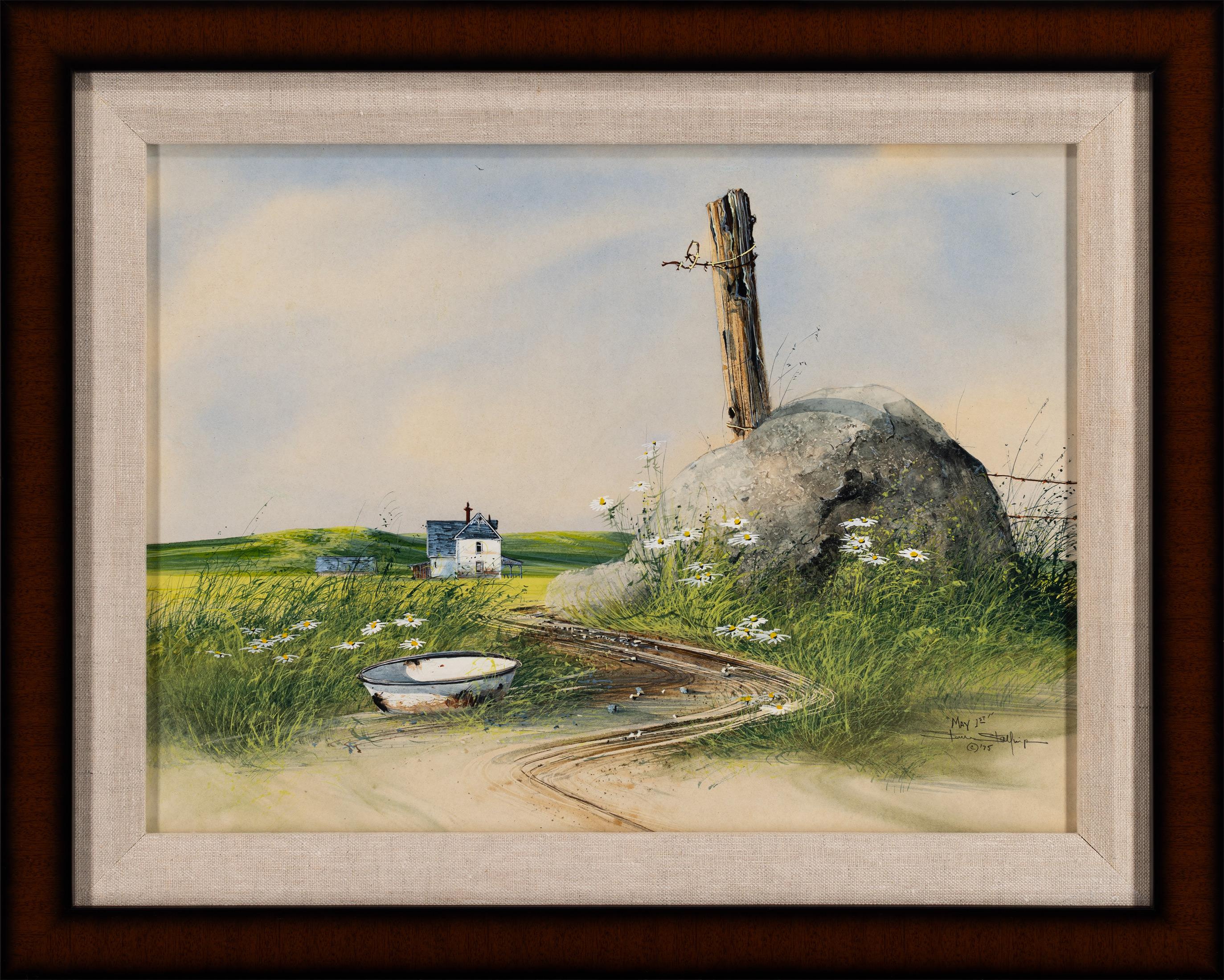 Stephen Stallings "1 maggio" 1975, dipinto di paesaggio rurale americano firmato