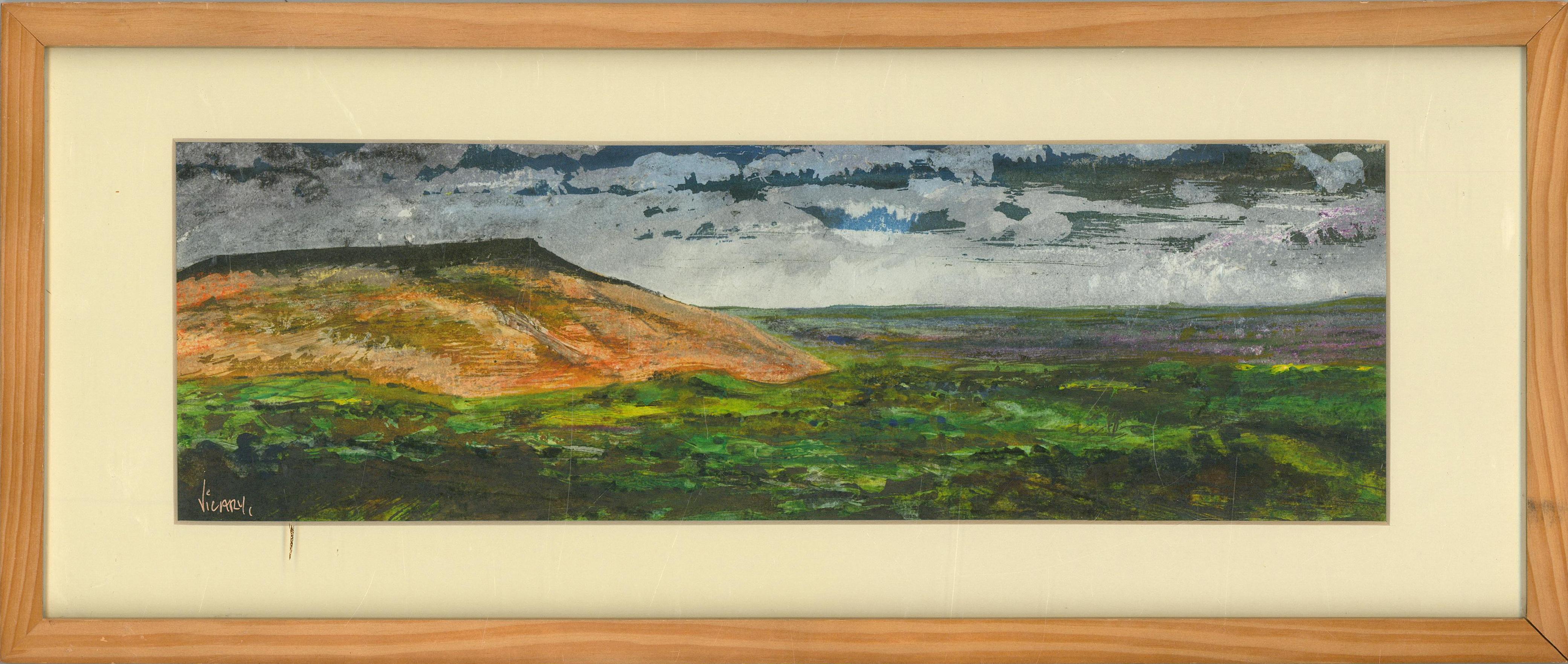 Una composizione a tecnica mista unica e accattivante, che include varie tecniche di stampa, acrilico, gouache e pastello a olio. La scena raffigura un paesaggio astratto a Titterstone Clee Hill, nello Shropshire. Il titolo è inciso sul retro. Sul