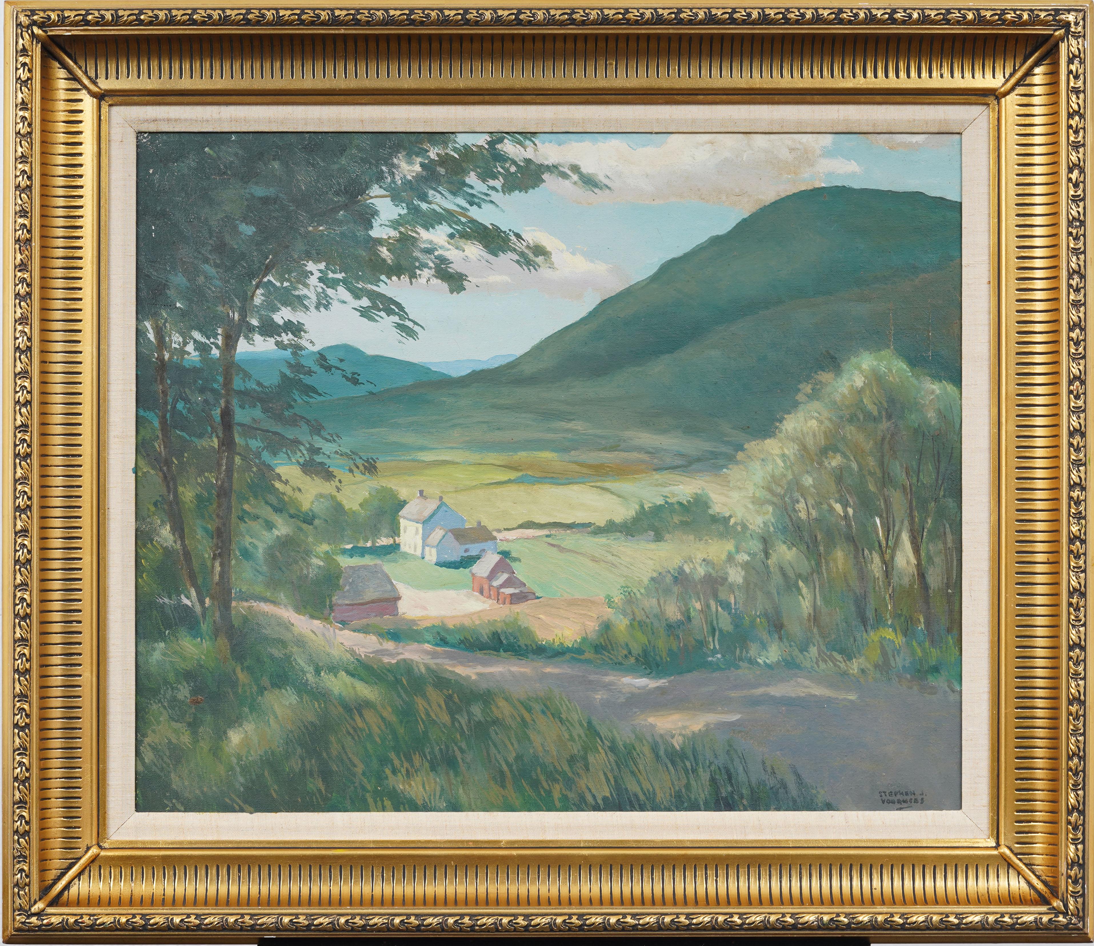 Vintage American Impressionist Sunlit Farm Valley Signed Landscape Oil Painting