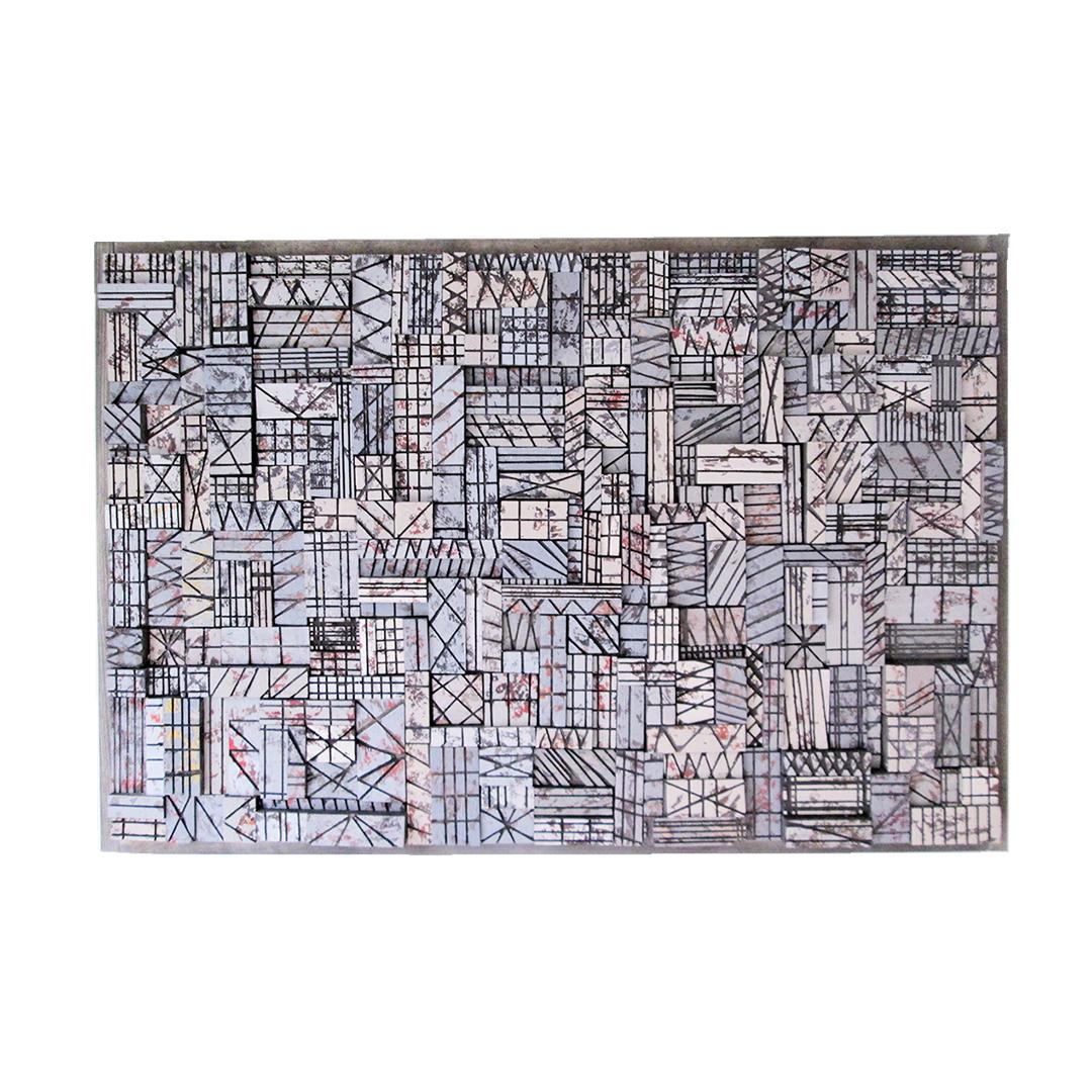 BATIQUE (Abstract Geometric 3D Wooden Wall Sculpture in Pale Blue & Gray w/ Red) - Painting by Stephen Walling