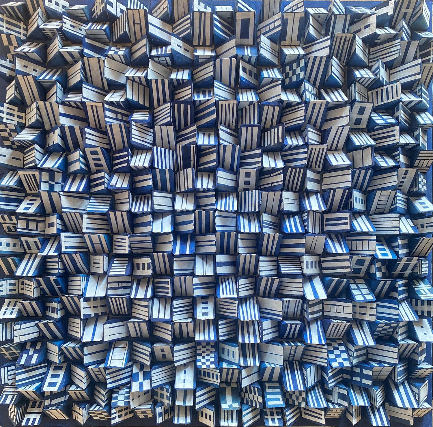 Abstract geometric, minimalist three-dimensional wood wall sculpture in blue and white
