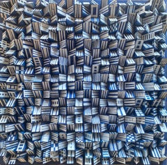 Blueprint of Chaos (Abstract Geometric Blue White Wood Wall Sculpture)