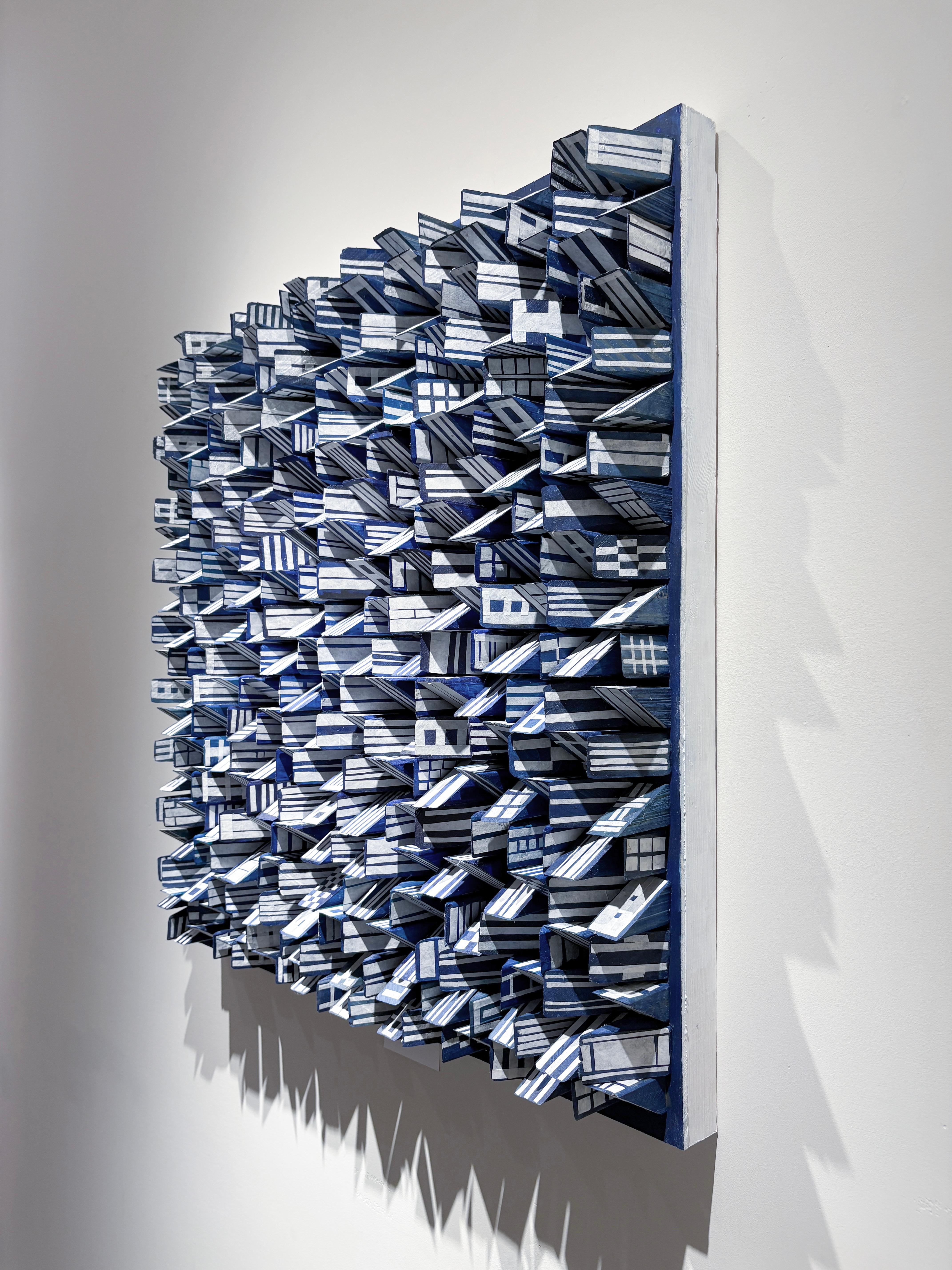 Blueprint of Chaos (Abstract Geometric Blue White Wood Wall Sculpture) For Sale 1
