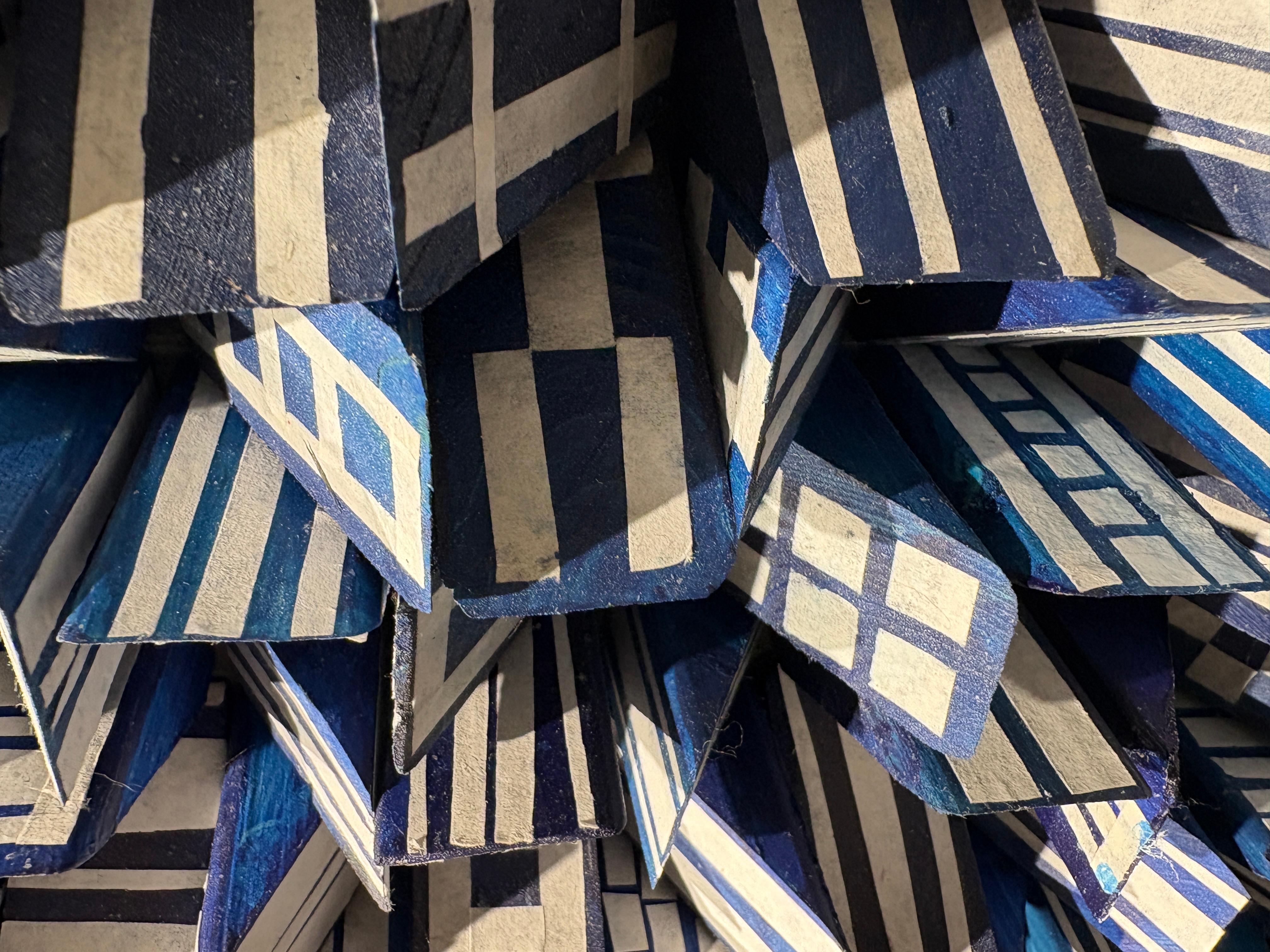 Blueprint of Chaos (Abstract Geometric Blue White Wood Wall Sculpture) For Sale 6
