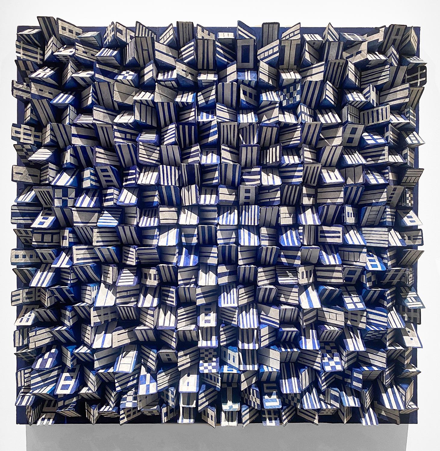 Blueprint of Chaos (Abstract Geometric Blue White Wood Wall Sculpture) - Mixed Media Art by Stephen Walling