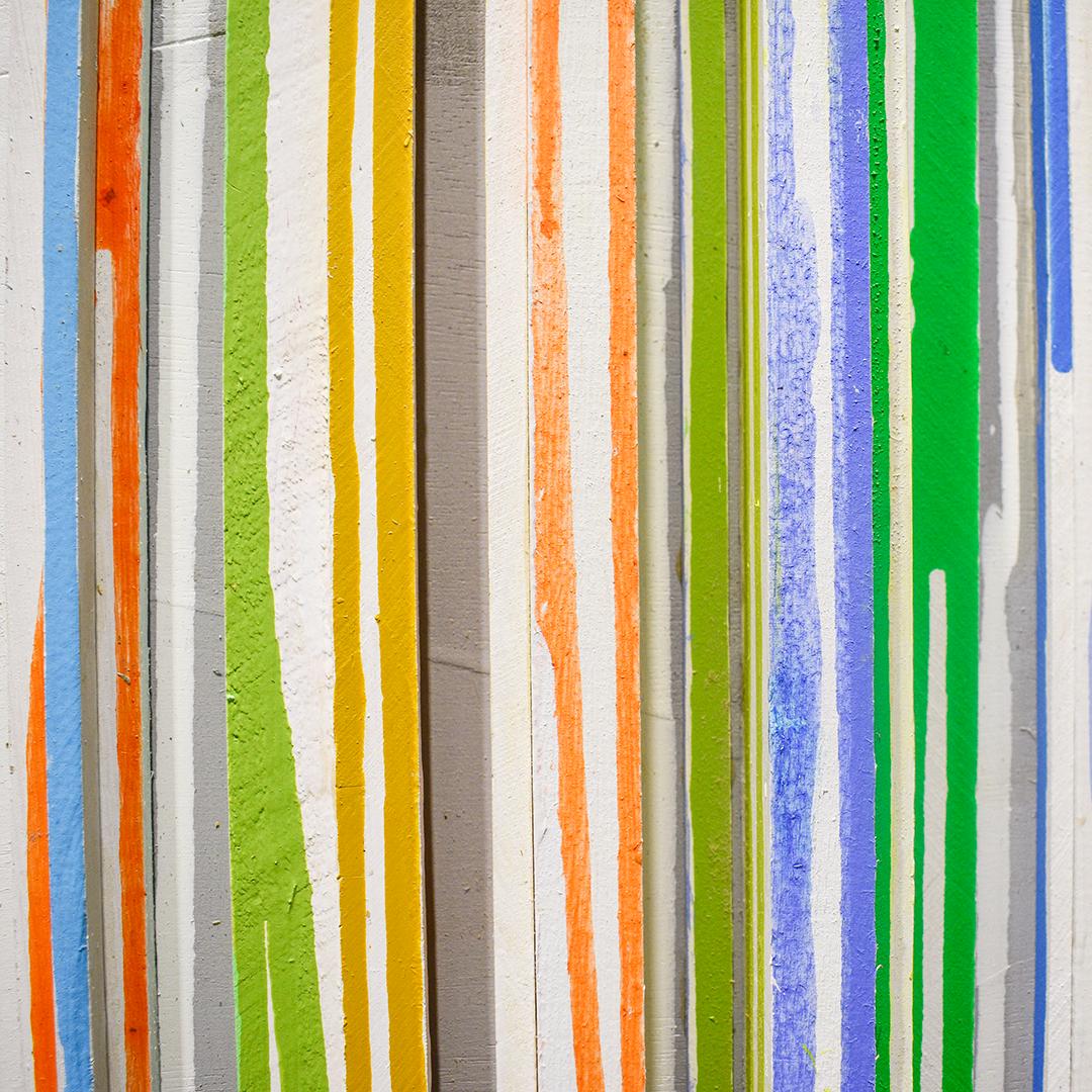 Multi-colored three dimensional wood wall sculpture in blue, green, orange and yellow on white
Abstract wall sculpture by Stephen Walling
Acrylic and wood on wood panel
24 x 24 x 3.5 inches
Signed, verso
Wire installed on the back for hanging 

This