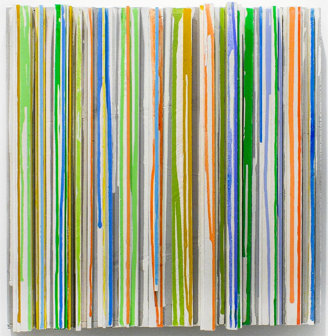 Stephen Walling Abstract Sculpture - Dribbles & Drips (Abstract 3-D Wood Wall Sculpture in Blue, Green, Orange) 