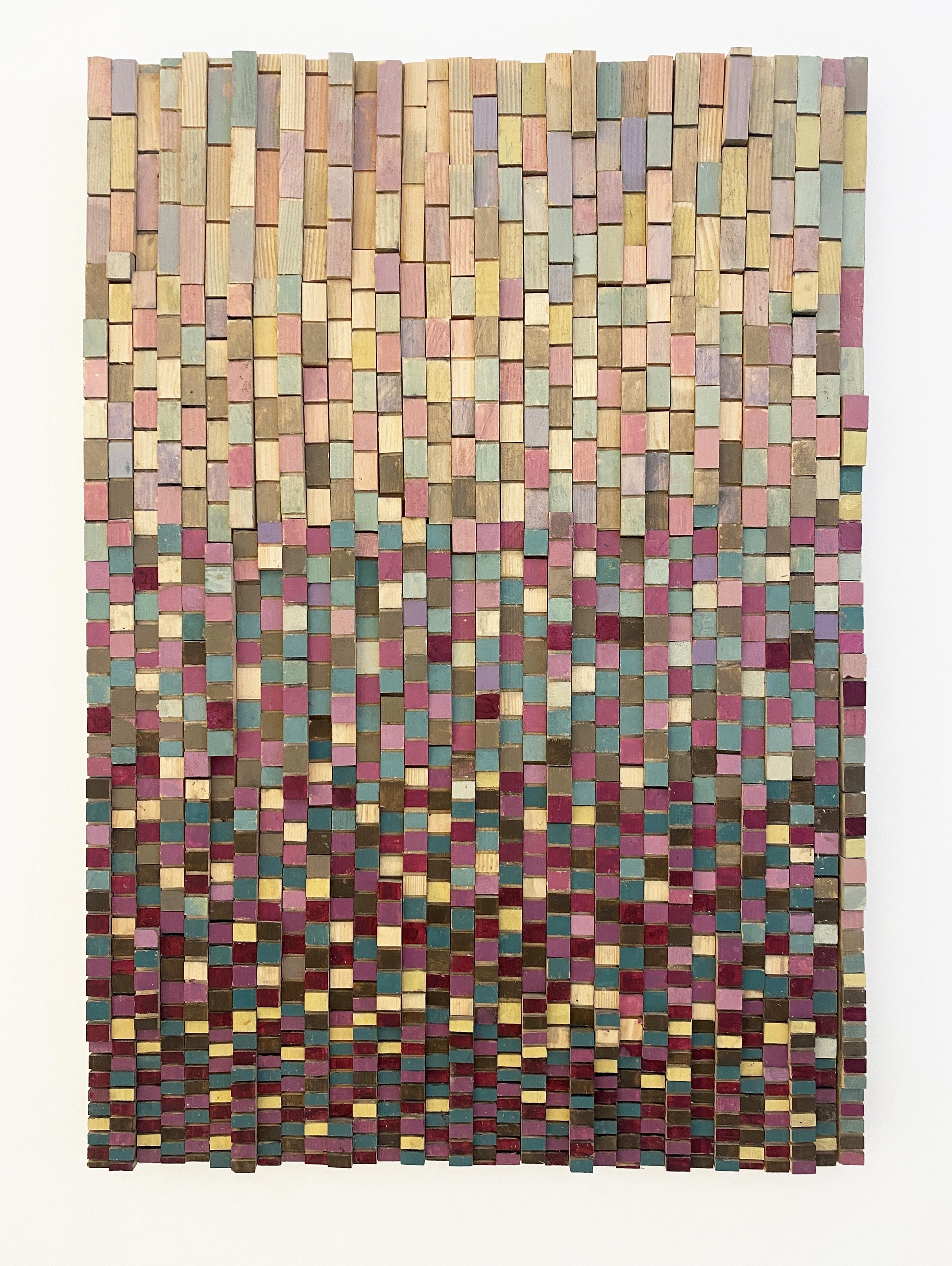 Abstract Sculpture Stephen Walling - Up &Up (Sculpture murale abstraite en bois violet, mauve, bleu et jaune)