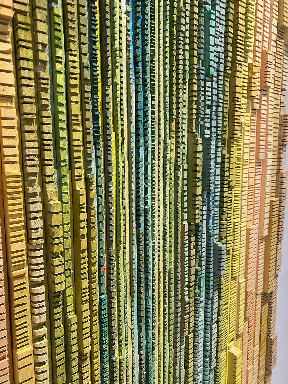 Fiesta (Abstract Green, Yellow and Teal Wood Wall Sculpture) For Sale 1