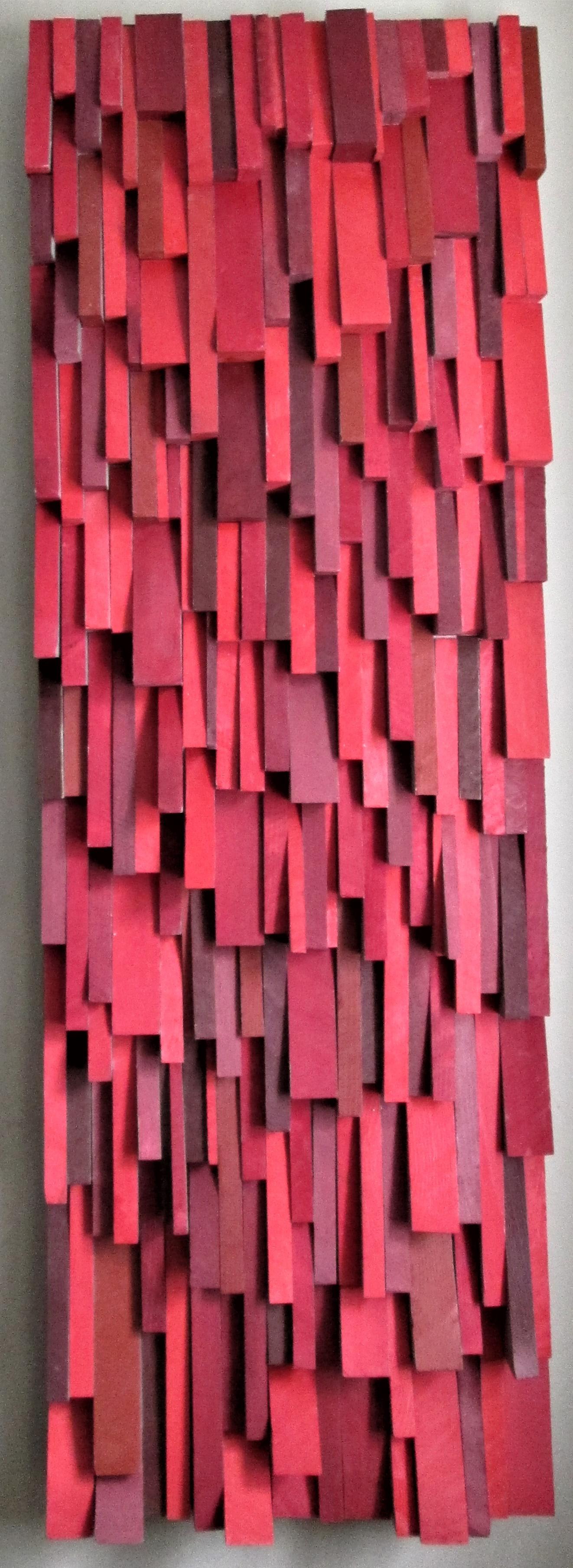 Stephen Walling Abstract Sculpture - Firefall (Abstract Three Dimensional Wood Wall Sculpture in Bright Red & Gray)
