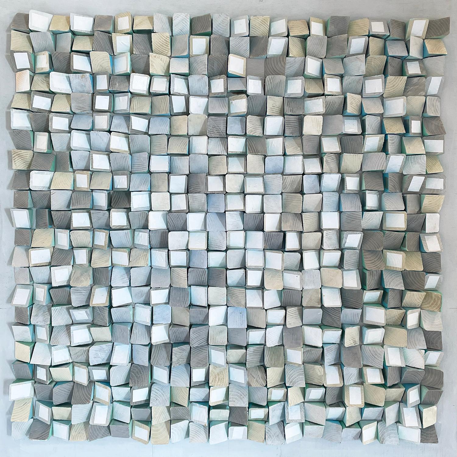 Glace (Abstract Geometric Wall Sculpture of Painted Wood in Light Blue, White) - Mixed Media Art by Stephen Walling