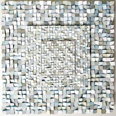 Glimmering Down (Square Abstract 3-D Wood Wall Sculpture in Blue & White)