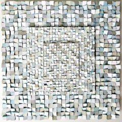 Glimmering Down (Square Abstract 3-D Wood Wall Sculpture in Blue & White) 