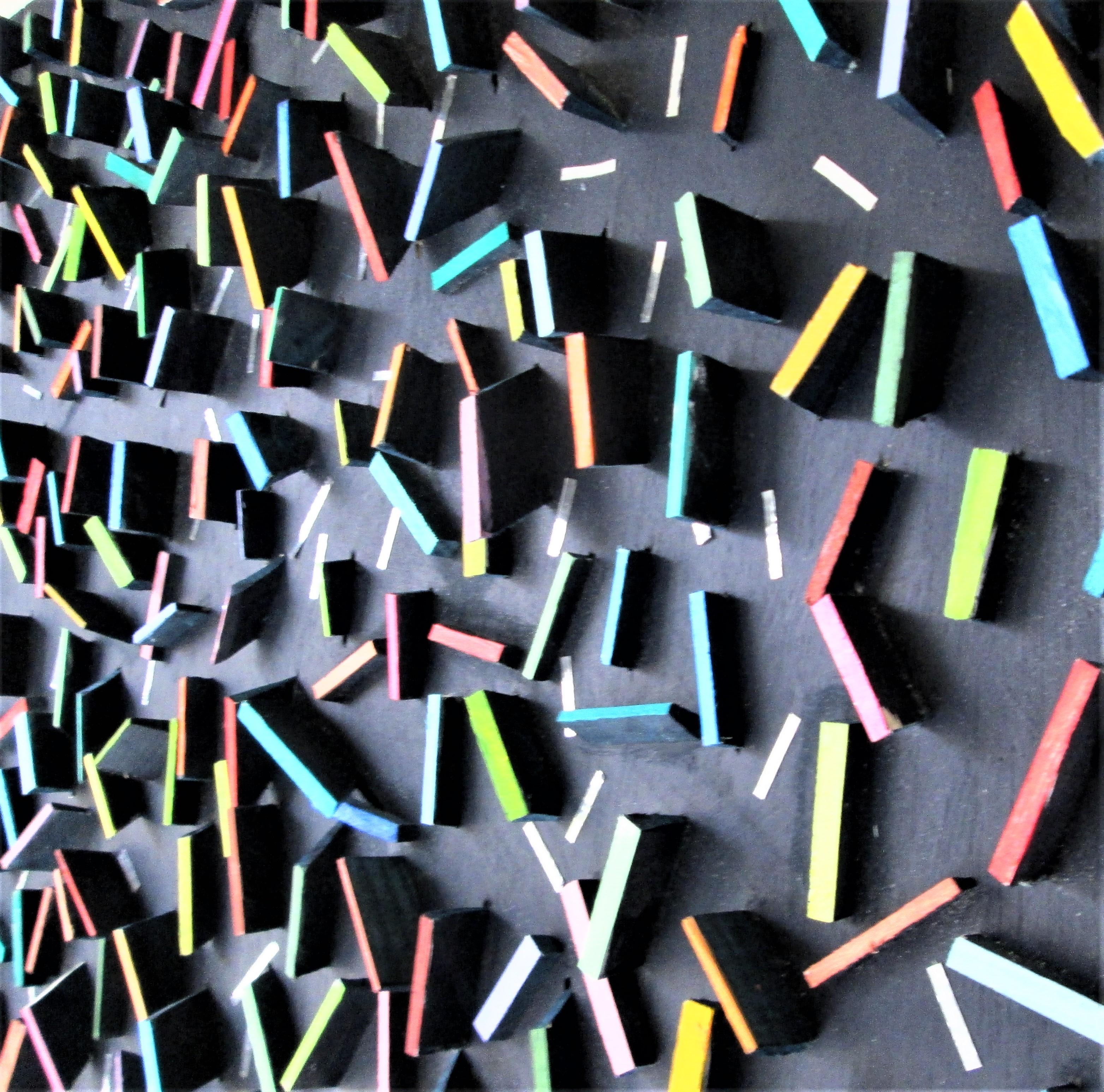 Hip Hip, Hooray! (Mehrfarbige 3D-Holz-Wandskulptur im Memphis-Stil, quadratisch)  (Geometrische Abstraktion), Painting, von Stephen Walling