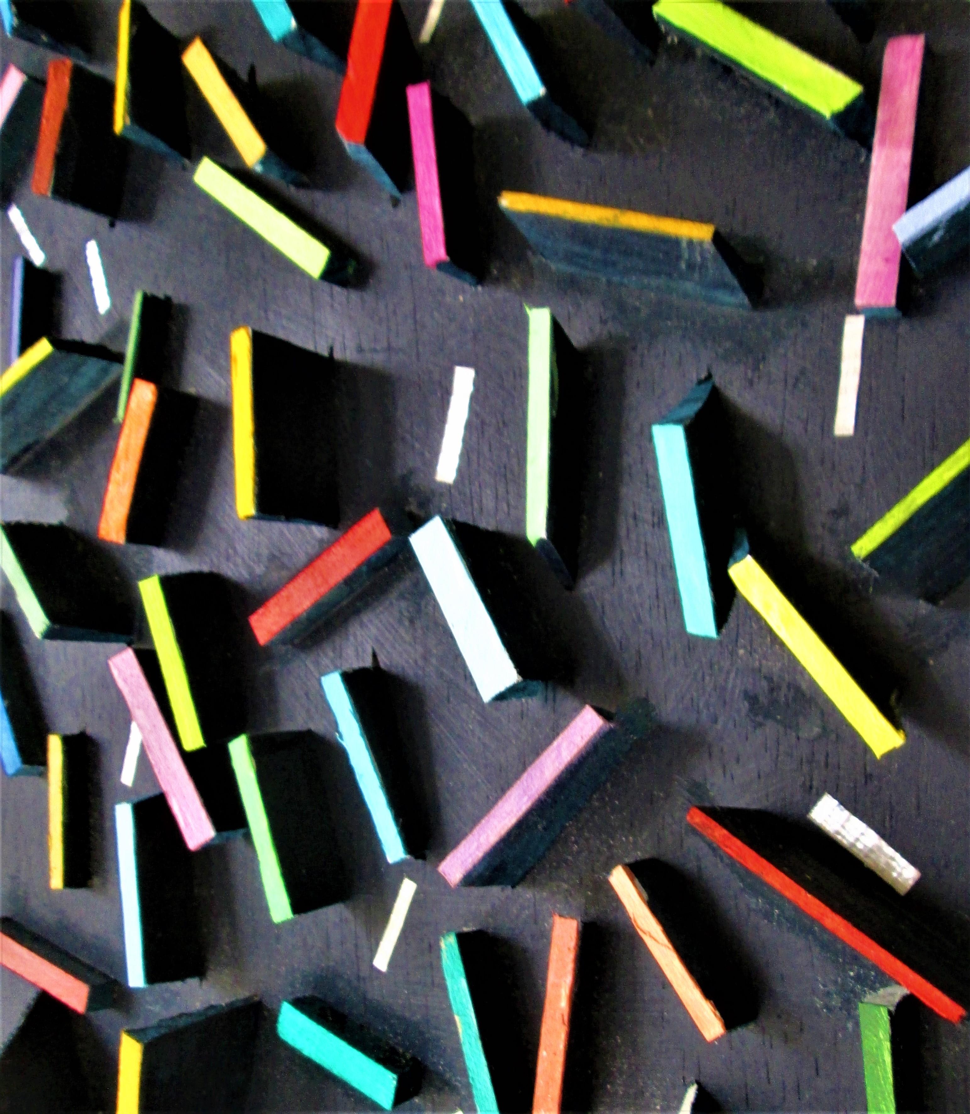 Hip Hip, Hooray! (Mehrfarbige 3D-Holz-Wandskulptur im Memphis-Stil, quadratisch)  (Braun), Abstract Painting, von Stephen Walling