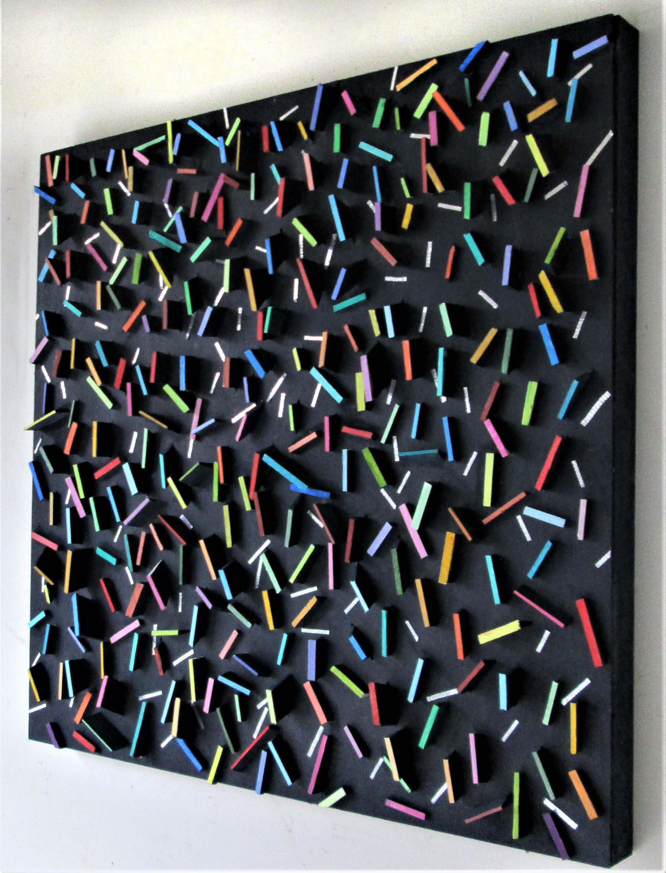Hip, Hip, Hooray! (Memphis Style Multicolored 3D Wooden Wall Sculpture, Square) 
