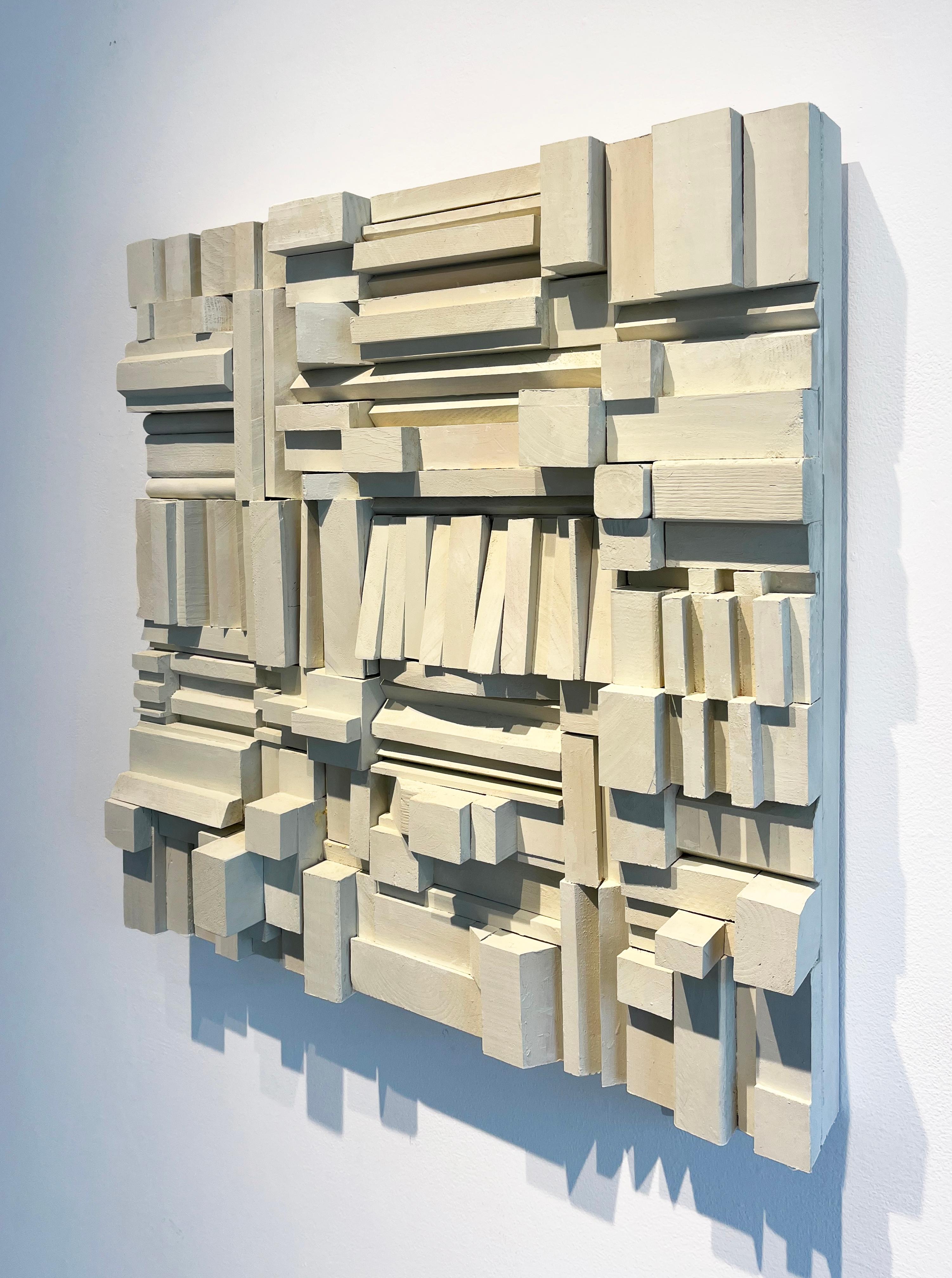 Its a Puzzlement (Abstract Geometric Wooden Wall Sculpture in Soft White) For Sale 1
