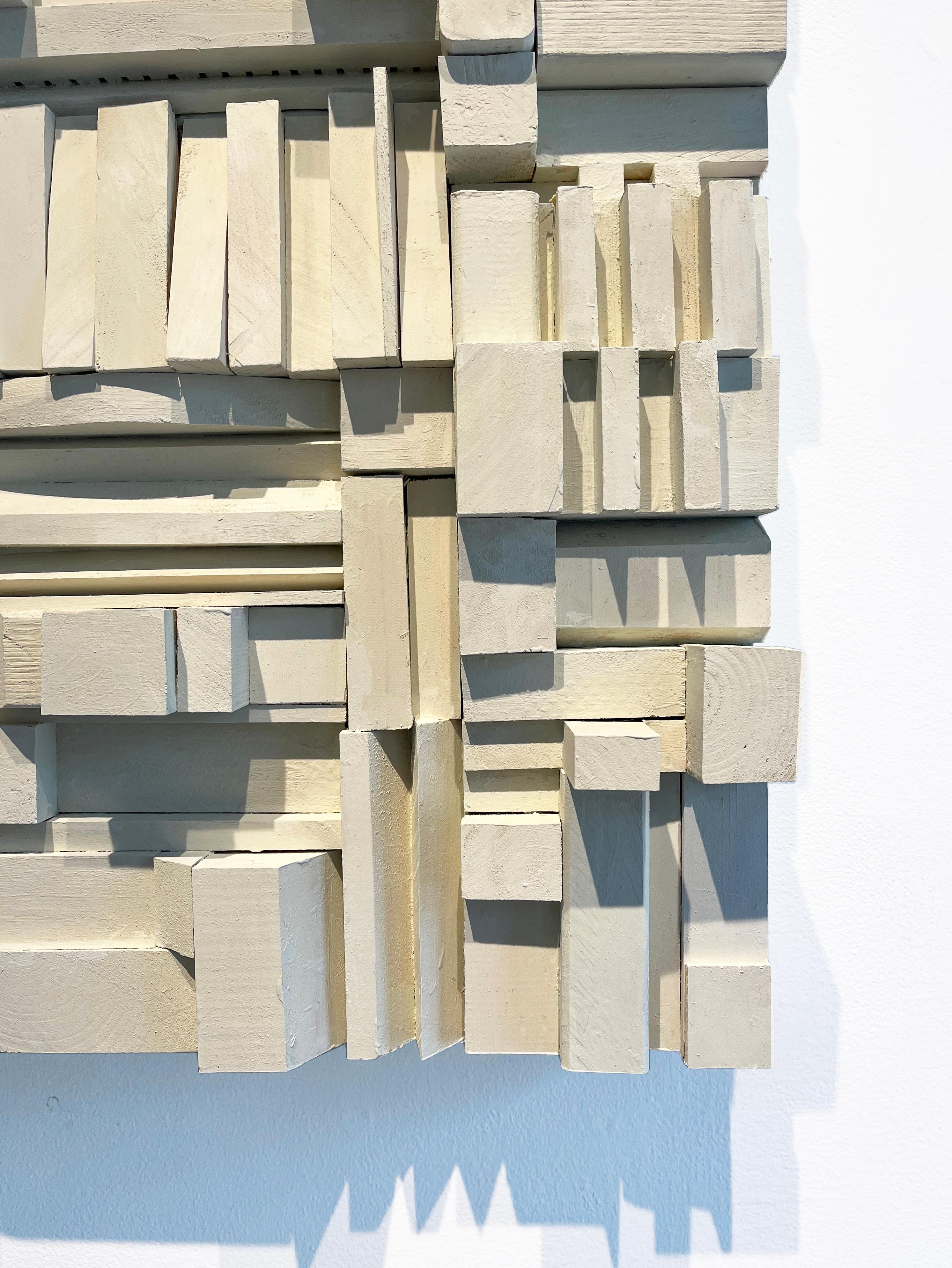 Its a Puzzlement (Abstract Geometric Wooden Wall Sculpture in Soft White) For Sale 2