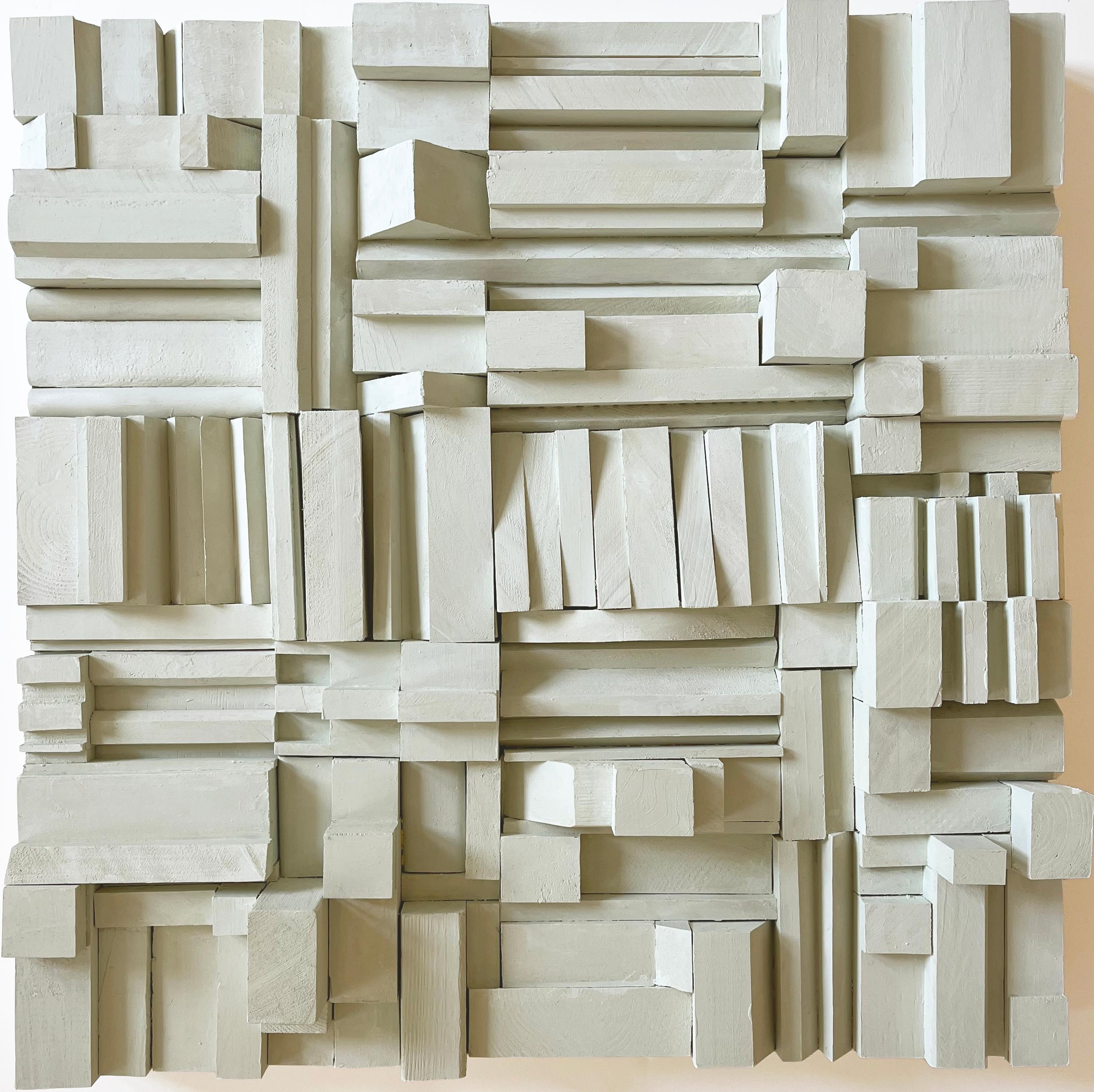 Stephen Walling Abstract Sculpture - Its a Puzzlement (Abstract Geometric Wooden Wall Sculpture in Soft White)