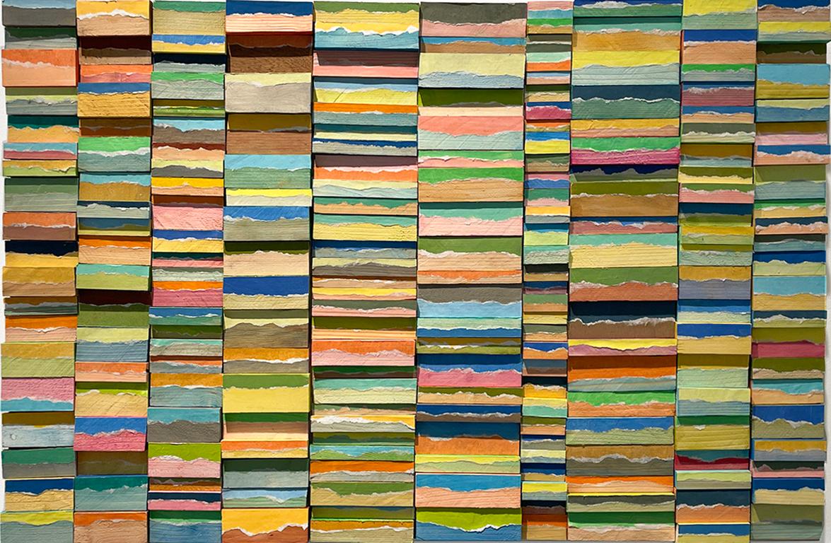 Geometrische, farbenfrohe moderne Wandskulptur von Stephen Walling
bemaltes Holz auf Platte
24 x 36 Zoll
Hängt bündig an der Wand
Verso signiert

Die Kunstwerke von Stephen Walling lassen sich nur schwer in Kategorien einordnen. Sie sind irgendwo