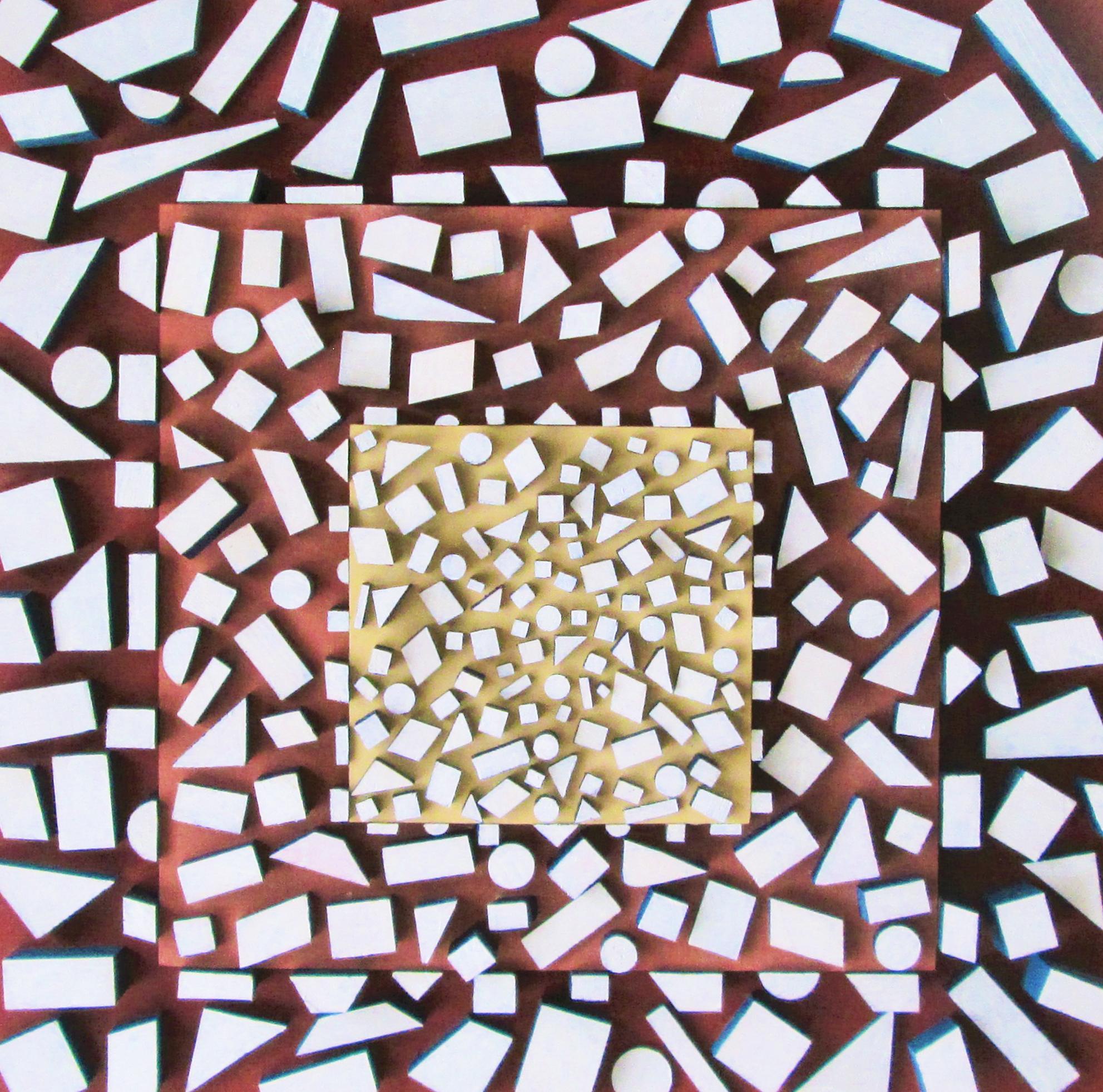 Stephen Walling Abstract Sculpture - Nagamba: Abstract Geometric Pop Art Wood Wall Sculpture, Burgundy, Yellow, White