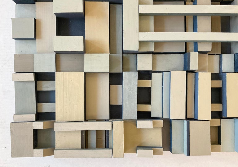 Over & About: Abstract Geometric Wood Wall Sculpture in Grey, Light Blue, Beige For Sale 3