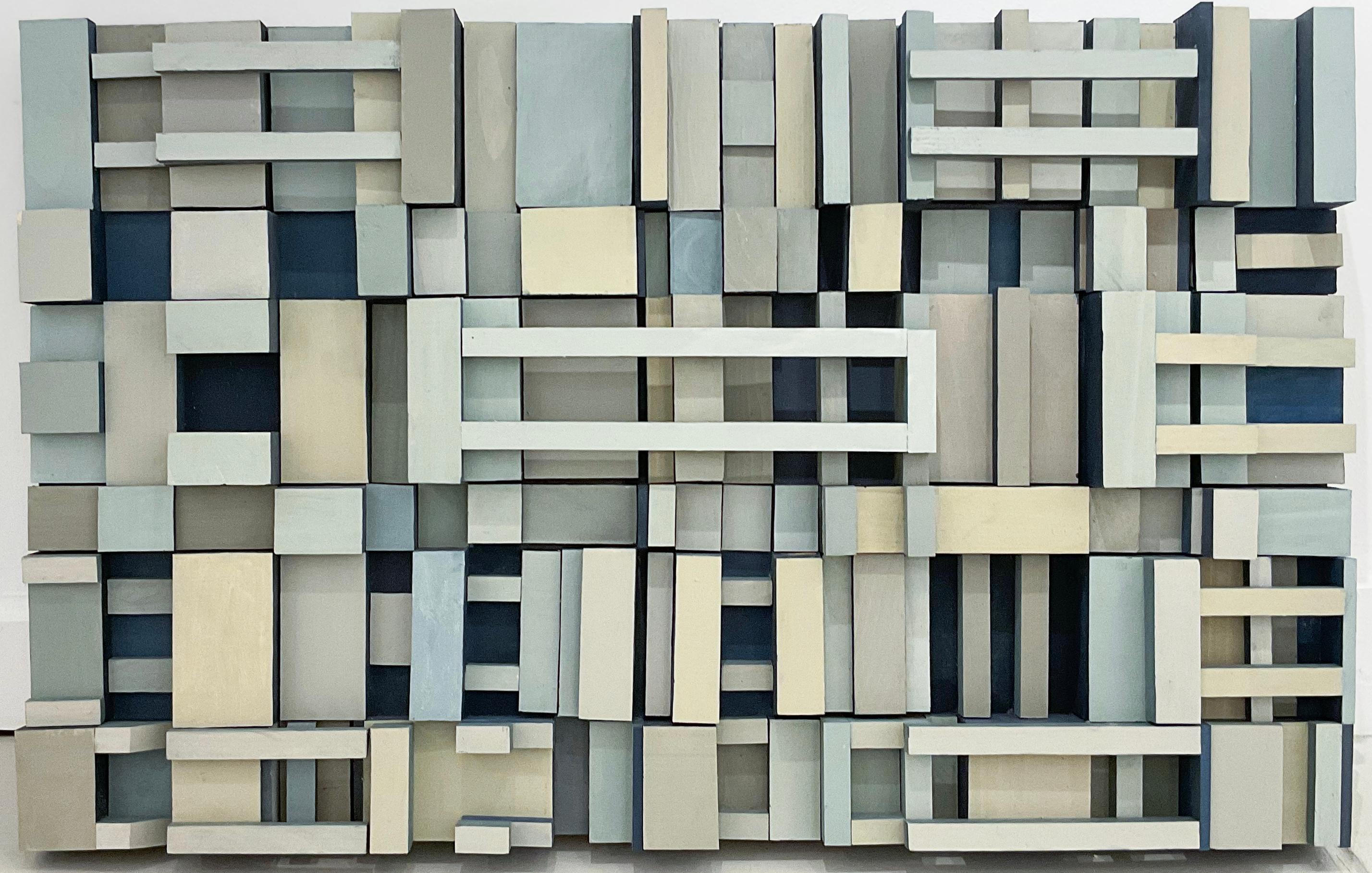 Abstract Painting Stephen Walling - Over & About : Sculpture murale géométrique abstraite en bois gris, bleu clair, beige