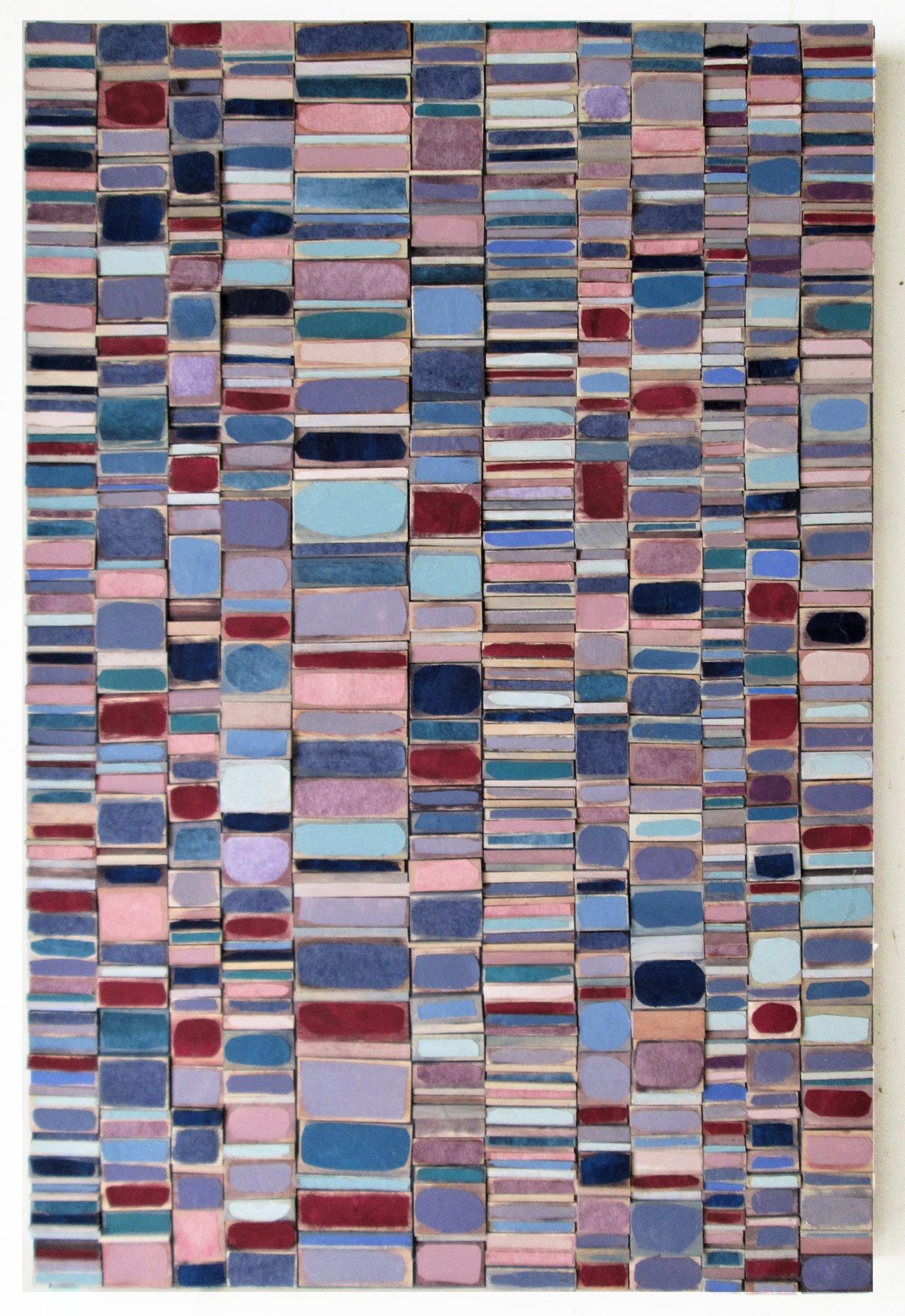 Stephen Walling Abstract Sculpture - Patches (Abstract Purple & Blue Three Dimensional Wood Wall Sculpture) 