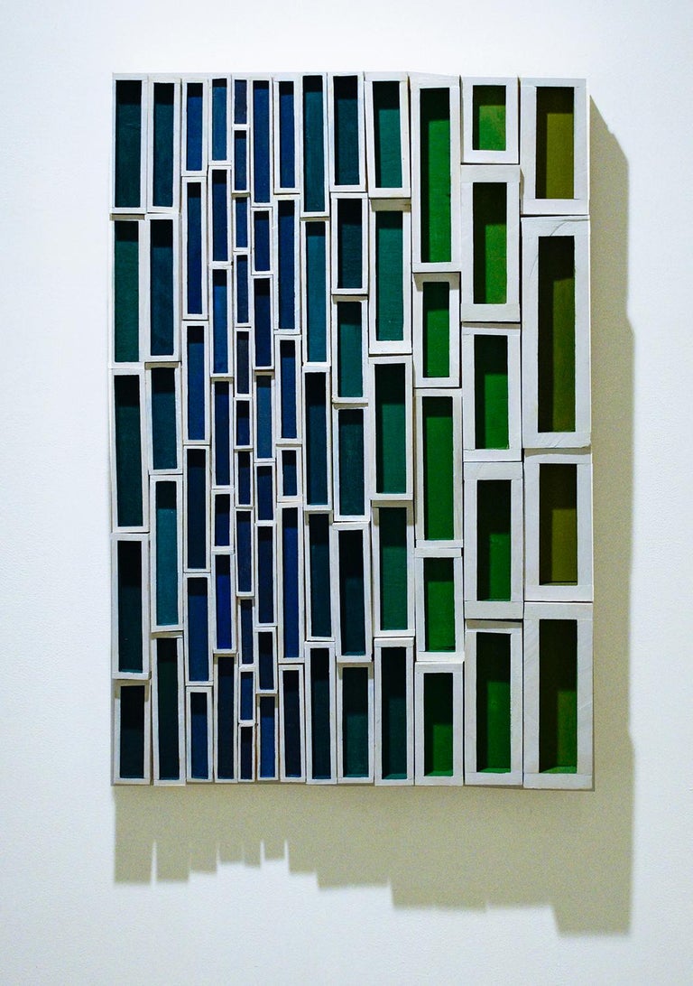 Peekin (Colorful Abstract Geometric Wood Wall Sculpture in Blue, Green & White) - Painting by Stephen Walling