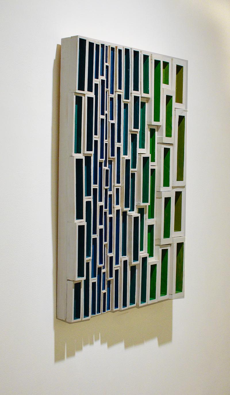 Peekin (Colorful Abstract Geometric Wood Wall Sculpture in Blue, Green & White) - Brown Abstract Painting by Stephen Walling
