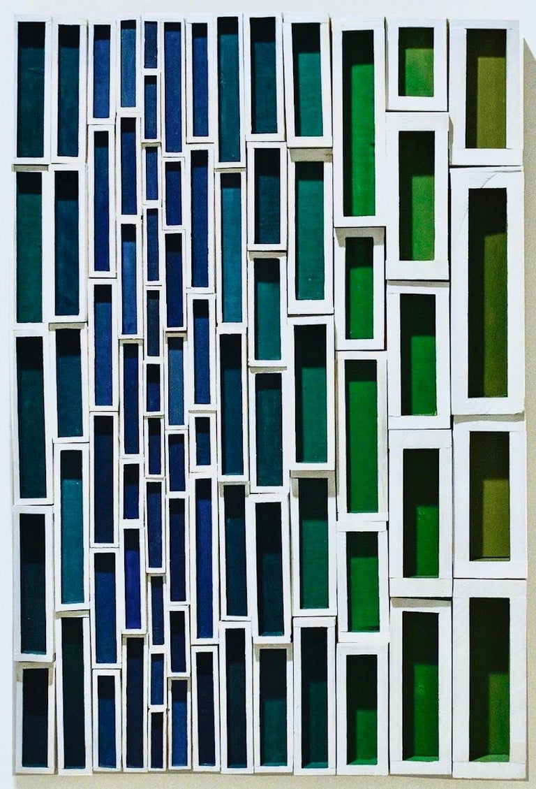Stephen Walling Abstract Painting - Peekin (Colorful Abstract Geometric Wood Wall Sculpture in Blue, Green & White)