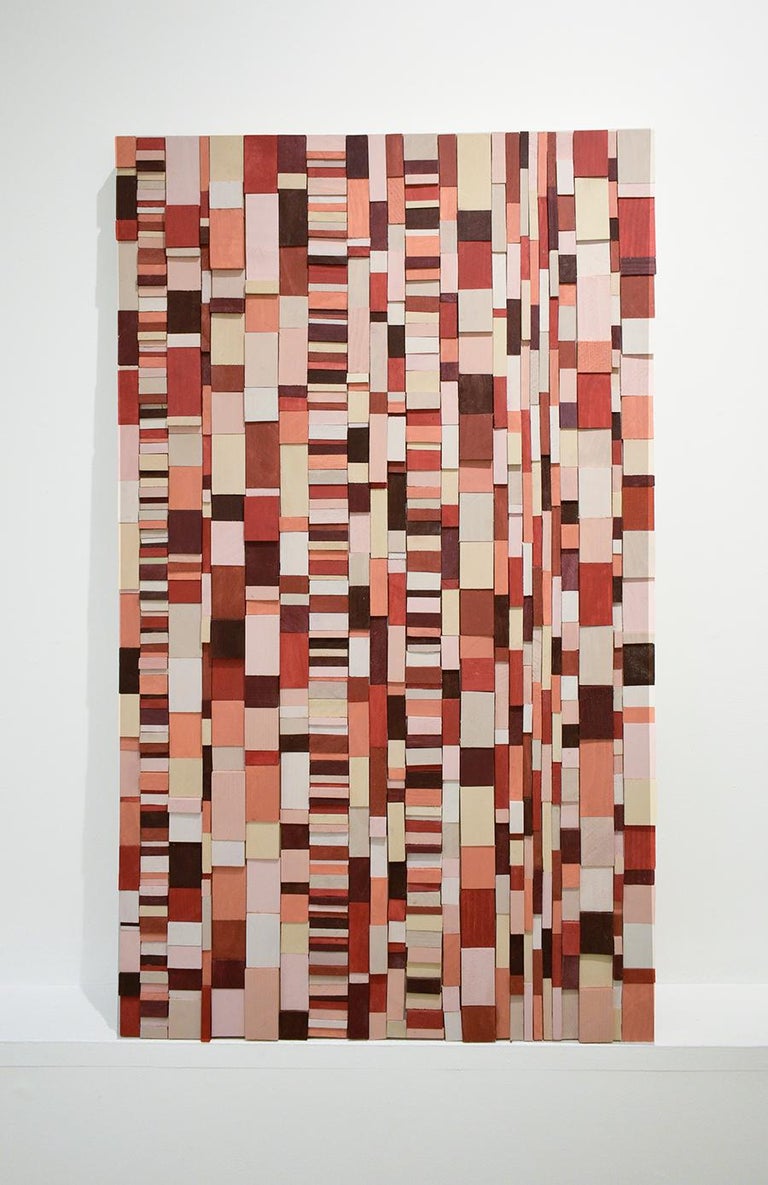 Piquant: Abstract Geometric 3D Wooden Wall Sculpture in Red, Pink, Peach, Maroon For Sale 2