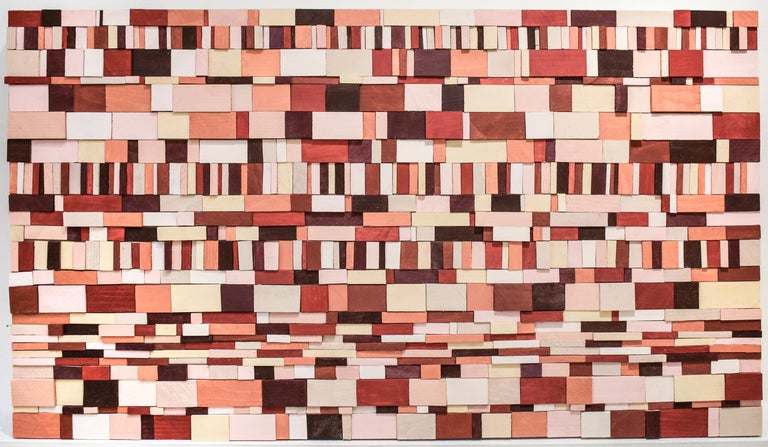 Stephen Walling Abstract Sculpture - Piquant: Abstract Geometric 3D Wooden Wall Sculpture in Red, Pink, Peach, Maroon