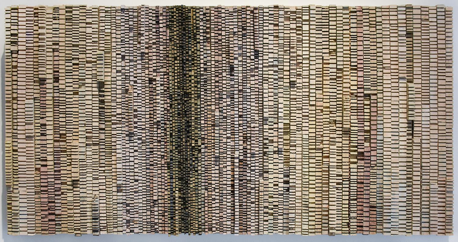 Seachelles,2018
dyed incised wood
20 x 36 inches

Abstract, mid century modern style three dimensional wooden wall sculpture

Strips of wood carefully carved and hand dyed rosy and charcoal grays adhered to a wood panel that measures 20 x 36