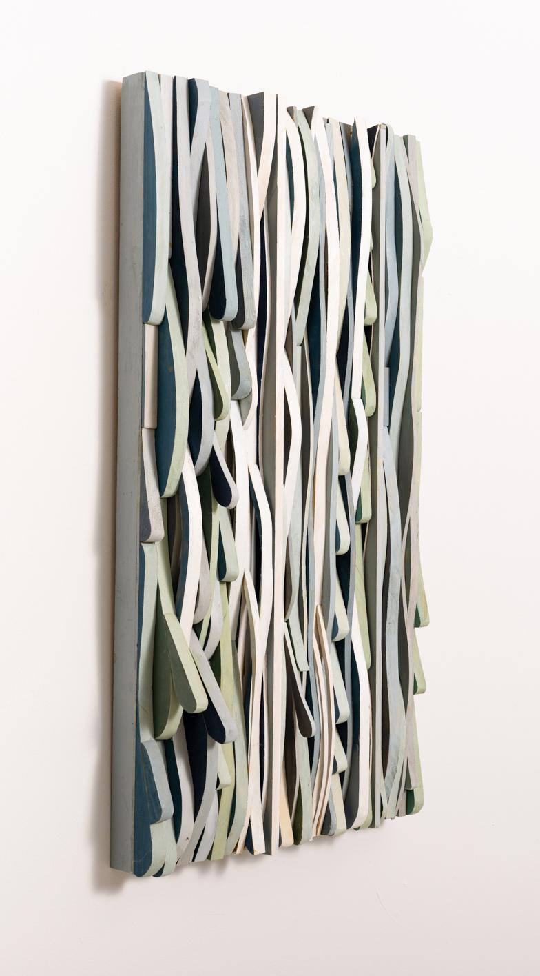 Splish Splash: Abstract Wood Wall Sculpture is Pale Blue, Grey, and Sage - Painting by Stephen Walling