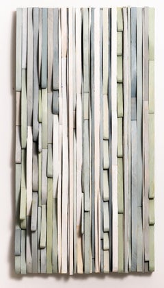 Splish Splash: Abstract Wood Wall Sculpture is Pale Blue, Grey, and Sage