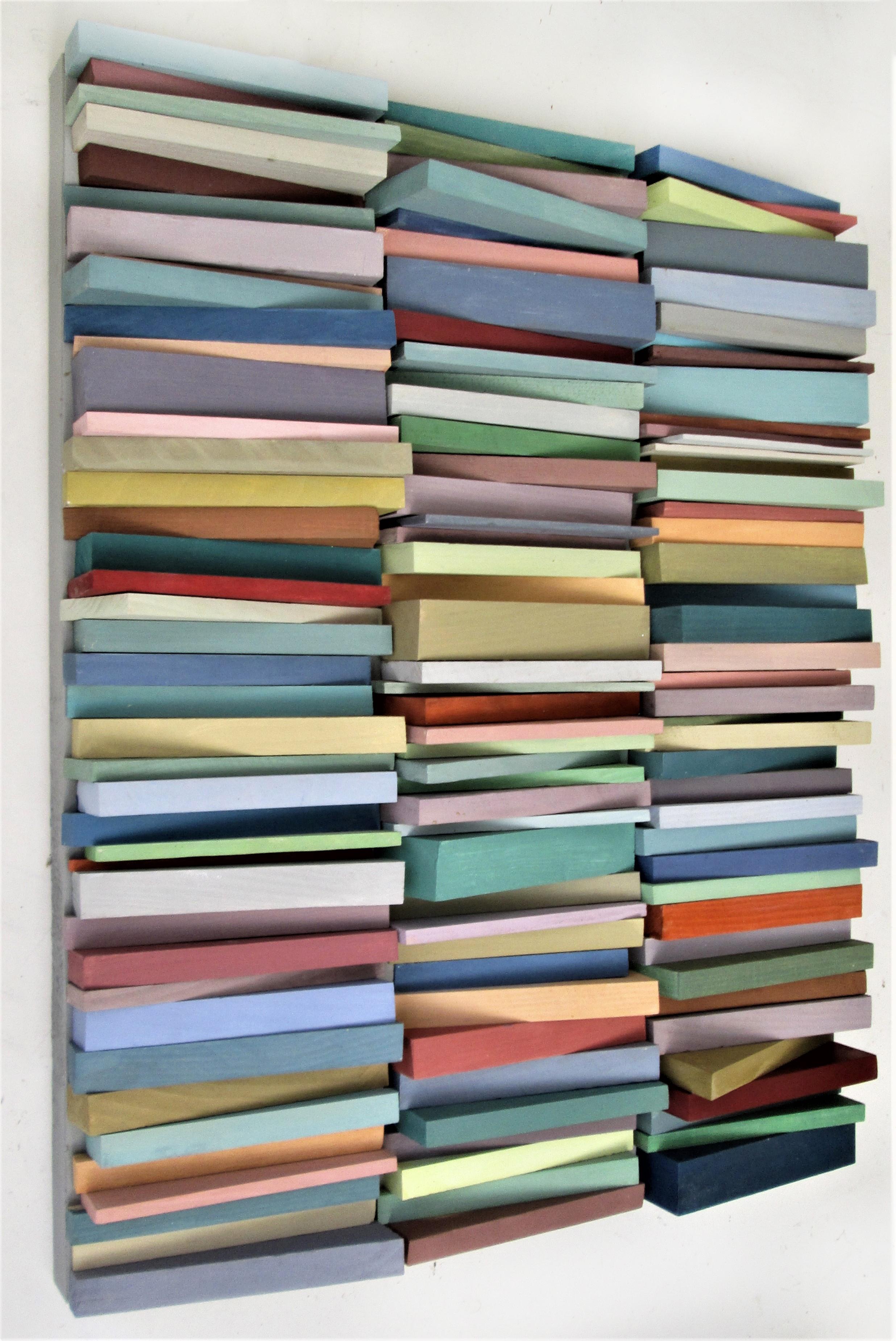 Stacked (Vertical Multi Colored Three Dimensional Wood Wall Sculpture) by Stephen Walling
Acrylic, wood, wood panel
30 x 24 x 2.5 inches
Wall sculpture is vertical orientation, wired with wire and D-rings on reverse

This abstract, modern