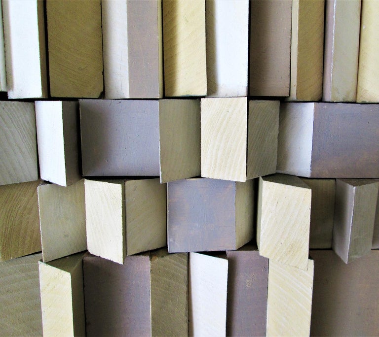 Turnabout: Abstract Geometric 3D Wooden Wall Sculpture in Green, Grey & Beige For Sale 2