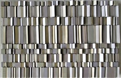 Turnabout: Abstract Geometric 3D Wooden Wall Sculpture in Green, Grey & Beige