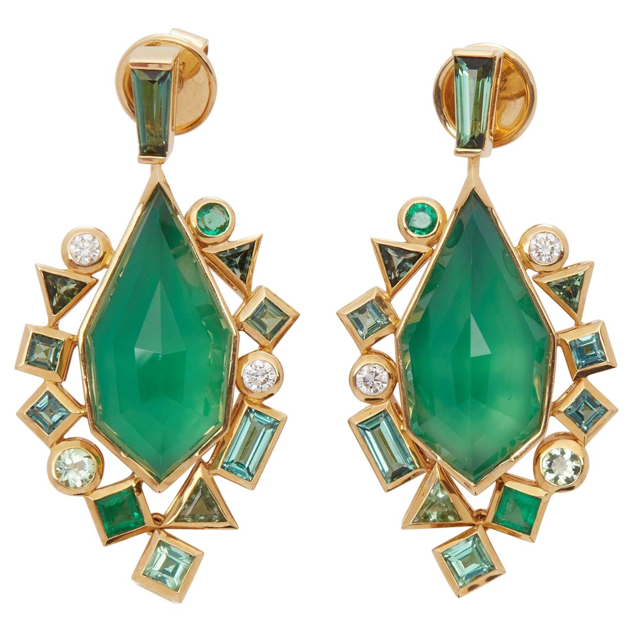 Boucles d'oreilles en or 18 carats avec agate verte frappée d'or et de cristal de Haze de Stephen Webster en vente
