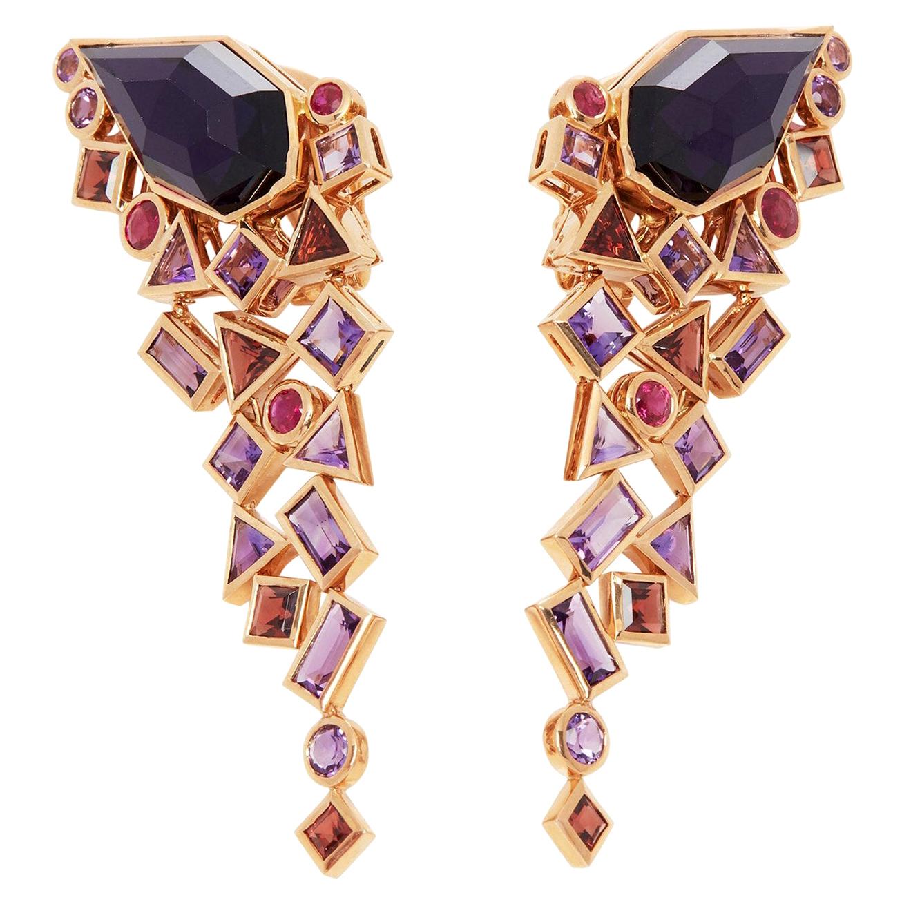 Boucles d'oreilles en or rose 18 carats avec améthyste frappée en or et cristal Hazee de Stephen Webster