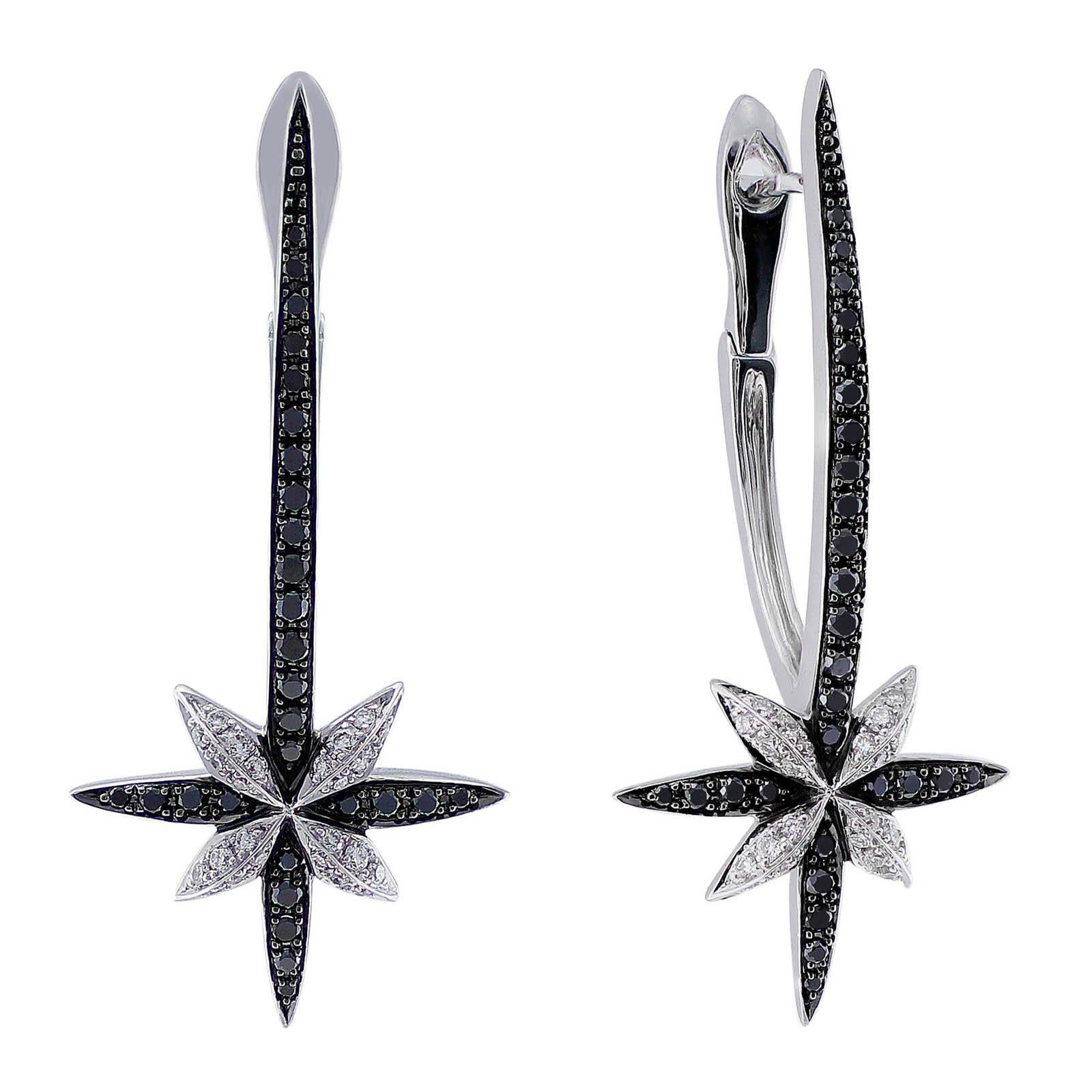 Stephen Webster 18kt white gold black diamond cross earrings. Unique cross and star design with 56 black diamonds approximately 0.42ctw and 48 clear diamonds 0.22ctw.