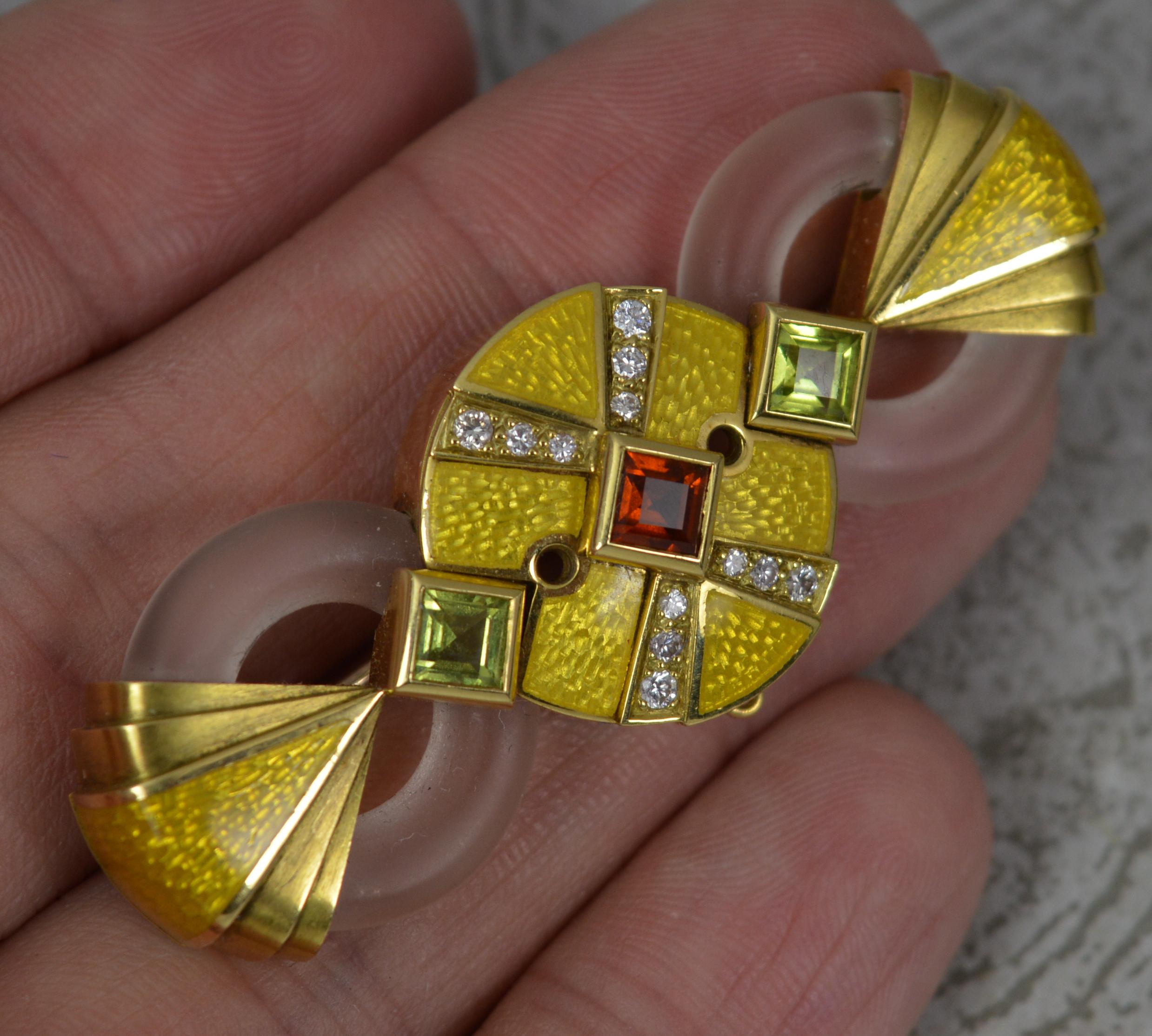 Princess Cut Stephen Webster 18ct Gold Garnet Peridot Diamond Enamel Art Deco Brooch For Sale