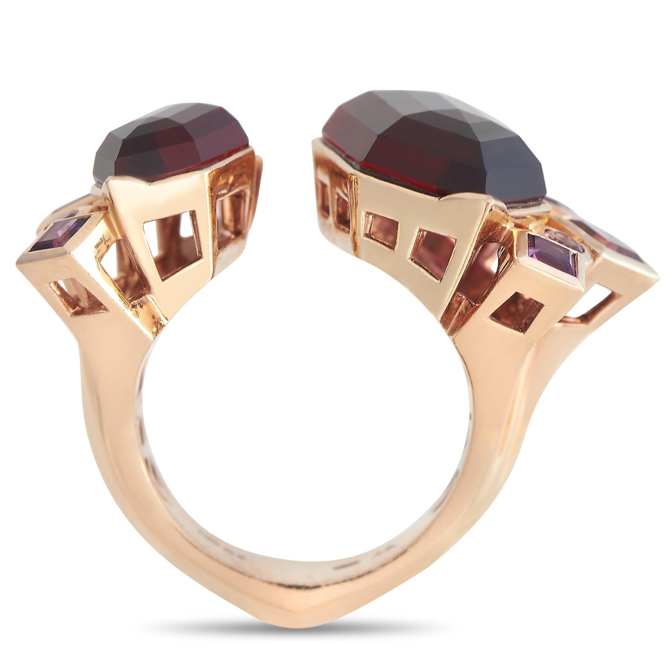 A treasure trove of jewels right at your fingertips. This attention-grabbing piece of jewelry features a 4mm rose gold open shank adorned with garnet and amethyst gemstones set in geometric bezels. This statement-making ring is part of Stephen