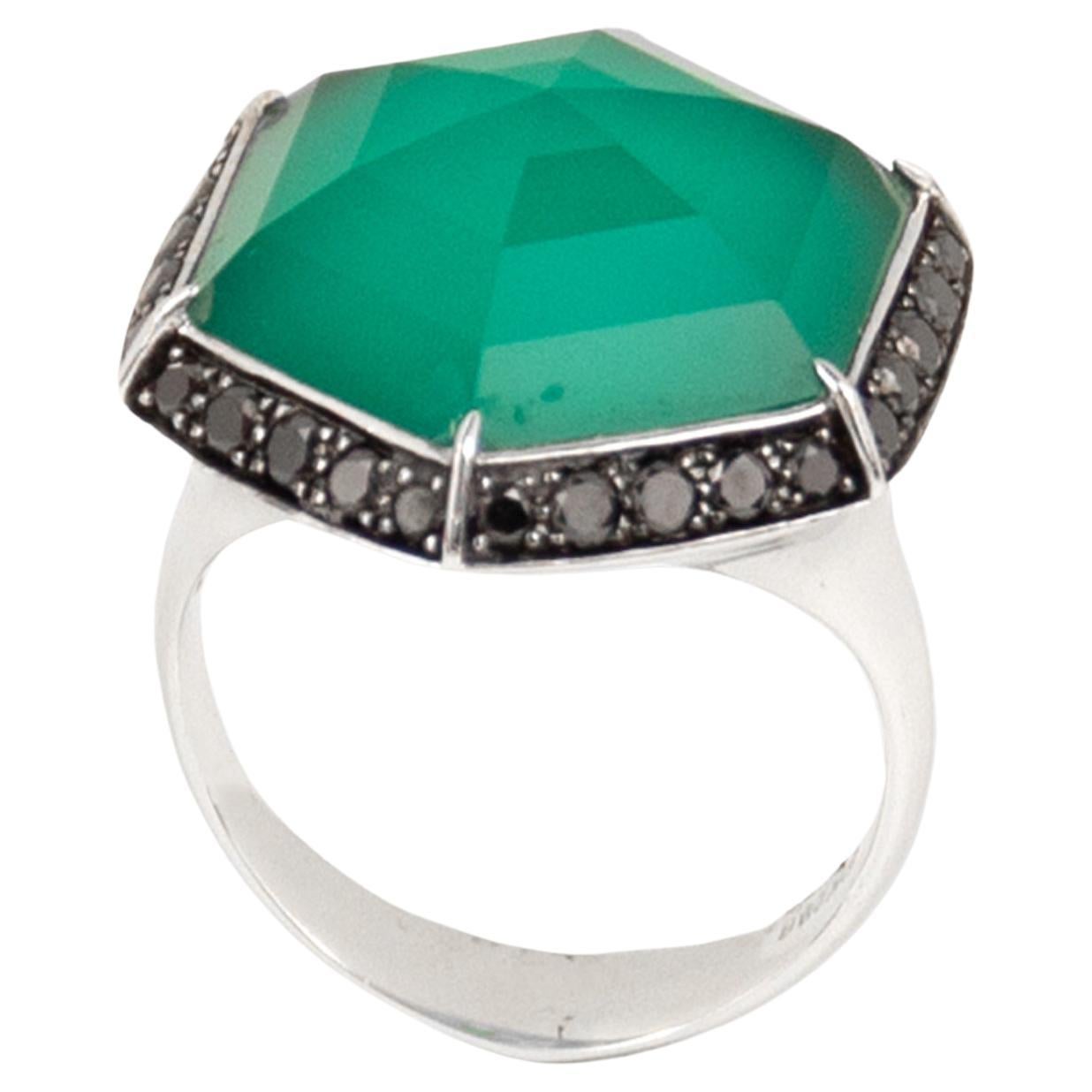Stephen Webster 18k White Gold Black Diamonds & Green Quartz Ring For Sale