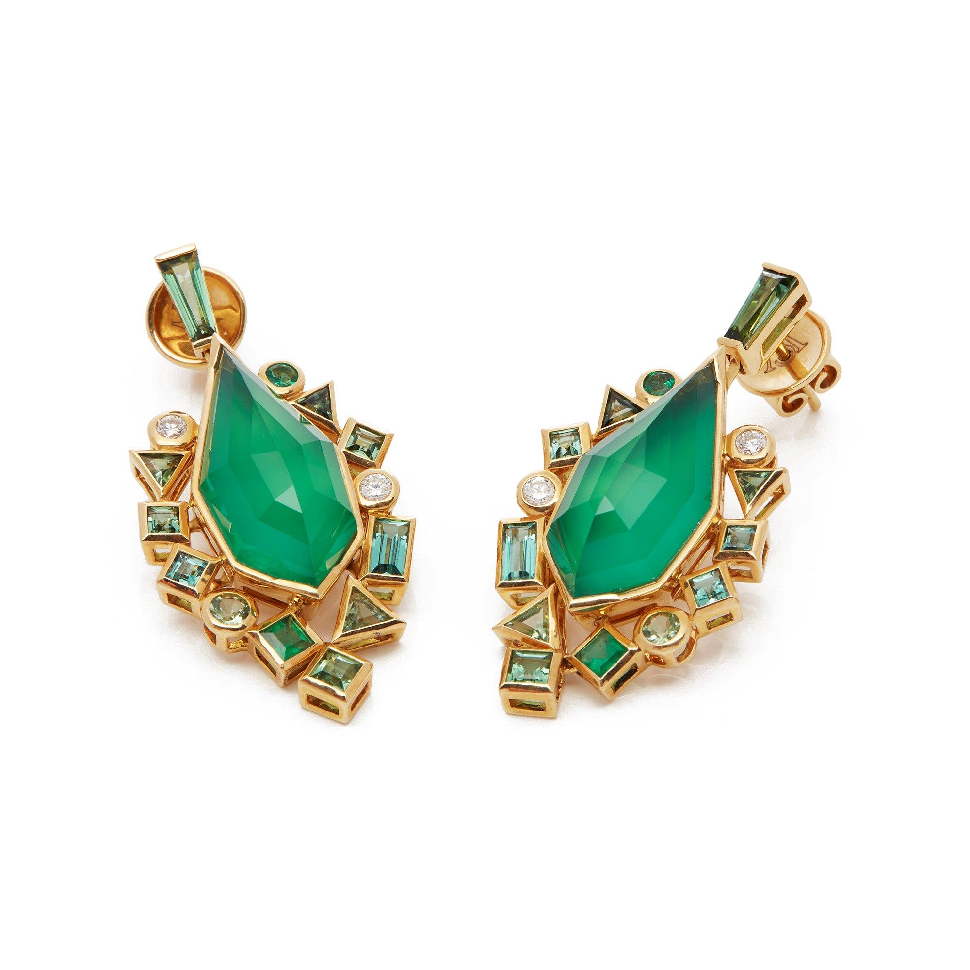 This Earrings by Stephen Webster are from his Crystal Haze Gold Struck Collection and features Two Green Agate set sections Totalling 14.10cts Surrounded with mixed cut Green Tourmaline Totalling 2.76cts and Round Briliant Cut Diamonds Totalling
