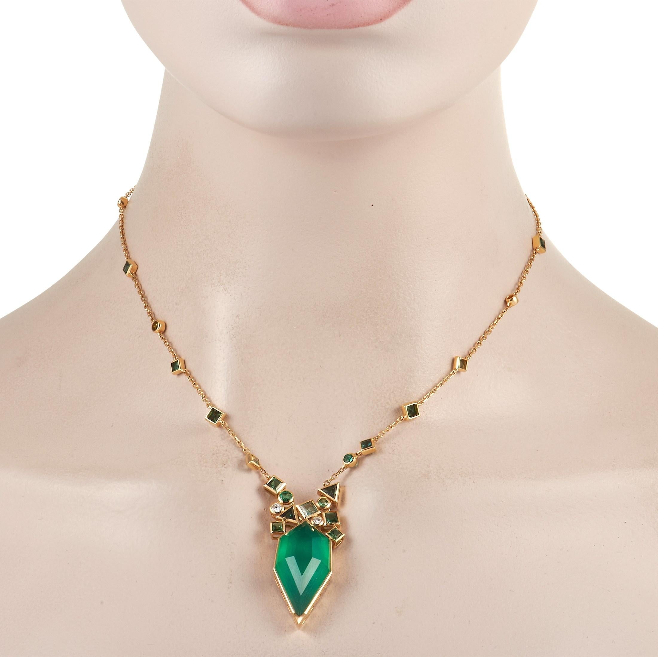 Add a bit of elegant fun when you dress through this Stephen Webster 18K Yellow Gold 0.30 ct Diamond, Tourmaline and Green Agate Crystal Haze Necklace. It features a 30-inch long trace chain in solid yellow gold holding a multi-gem pendant featuring