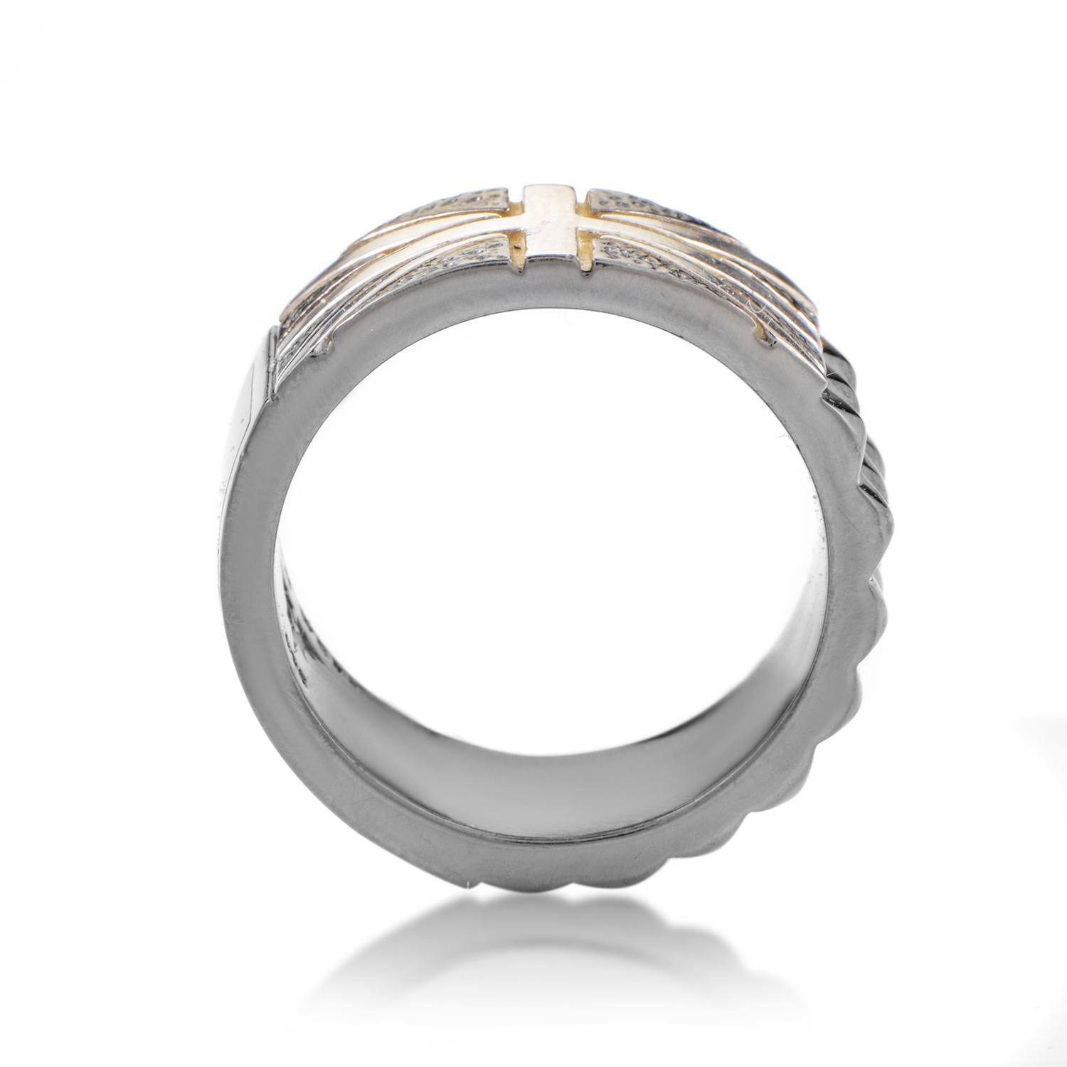 A seemingly simple and classic design of this splendid ring features interesting elements along the length of its surface, offering an exceptionally eye-catching appearance. The ring is presented by Stephen Webster and designed for the exemplary