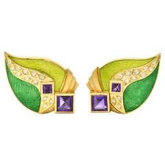 Stephen Webster Amethyst-Diamant-Emaille-Ohrringe aus 18 Karat Gold Vintage Leaf