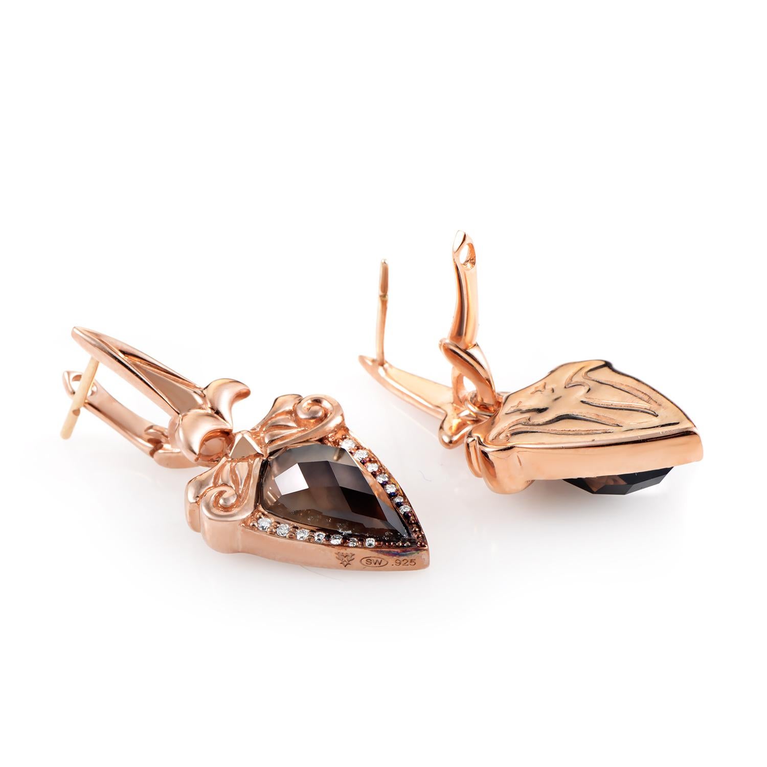 In keeping with the brands long-lasting tradition of creating exceptional designs with ornate décor, these majestic earrings from Stephen Webster are made of sterling silver and plated with rose gold while adorned with pleasing smoky quartz,